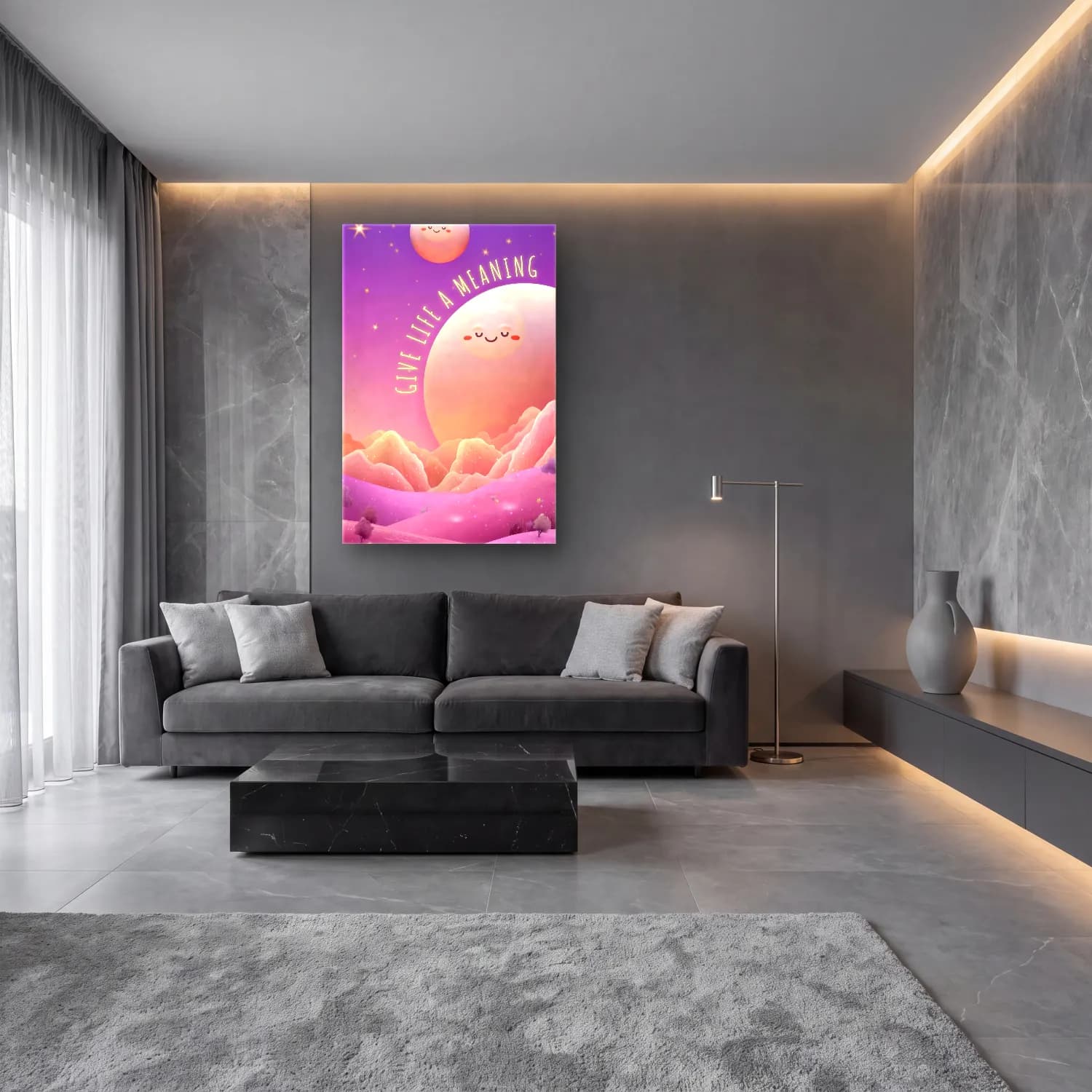 Sevimli İllüstrasyon Ay ve Gece – Pembe Tonlar cam tablo — lüks salon duvarında
