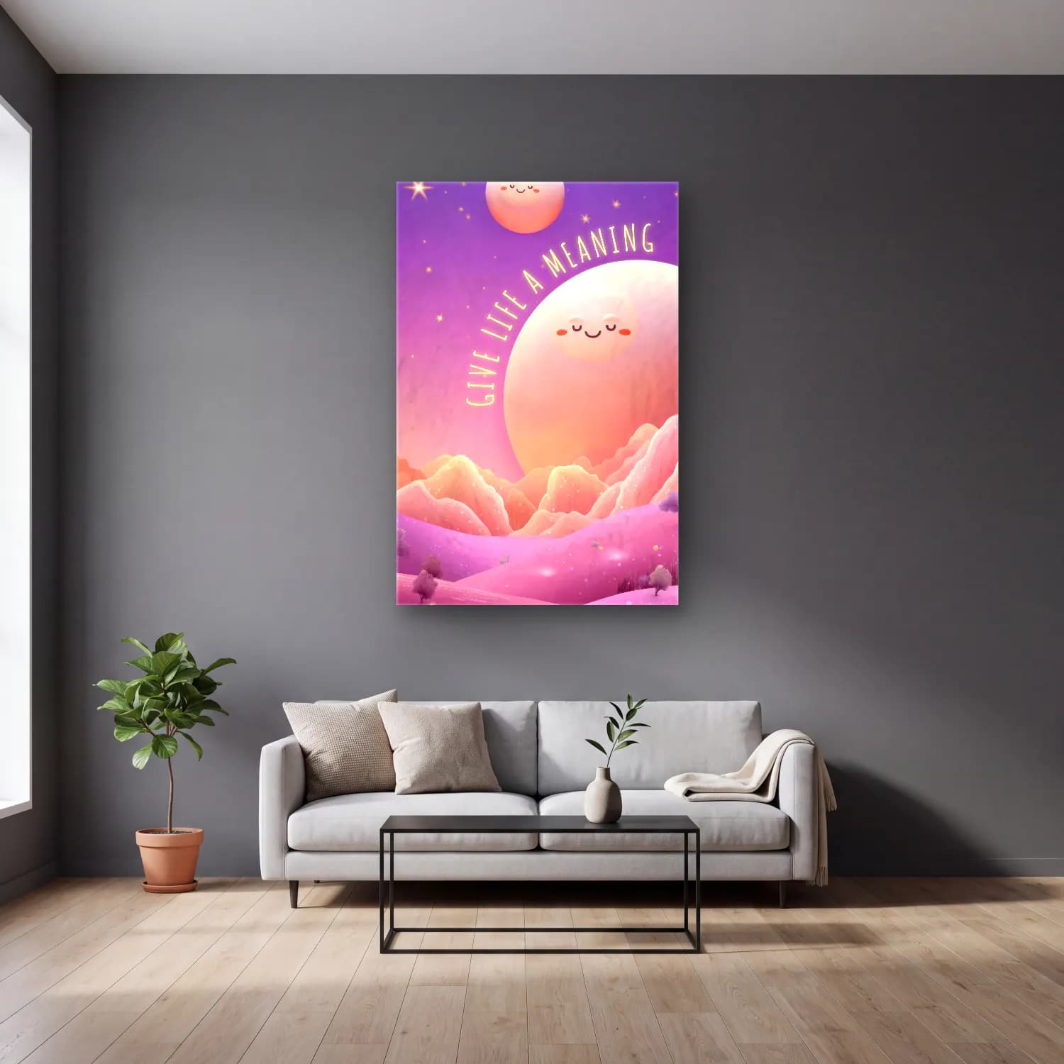 Sevimli İllüstrasyon Ay ve Gece – Pembe Tonlar cam tablo — gri duvarlı salonda