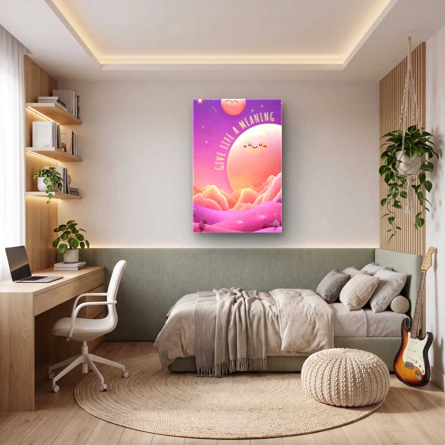Sevimli İllüstrasyon Ay ve Gece – Pembe Tonlar cam tablo — genç odasında