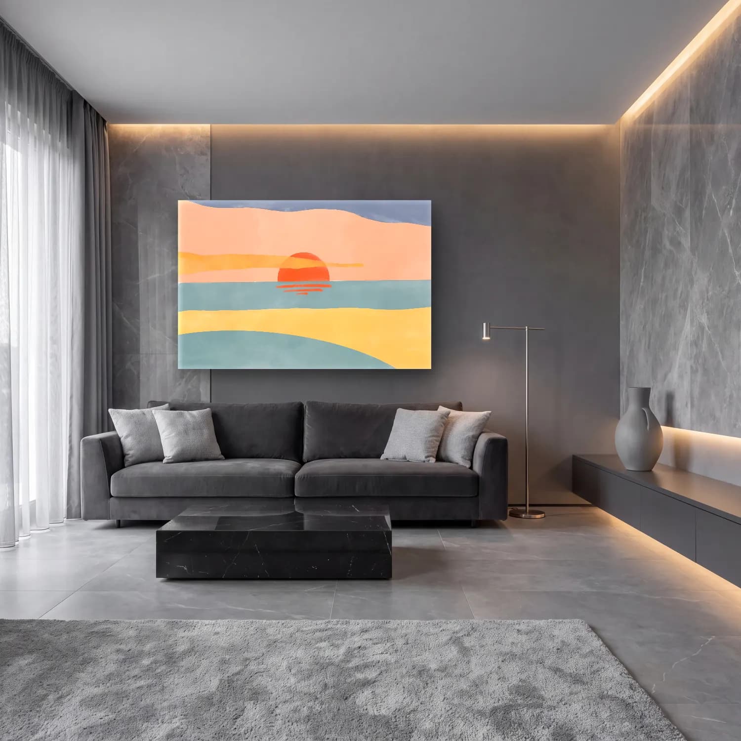 Pastel Sakin Deniz Ufku cam tablo — lüks salon duvarında