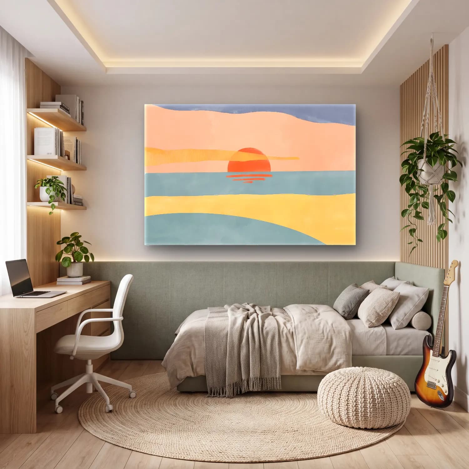 Pastel Sakin Deniz Ufku cam tablo — genç odasında