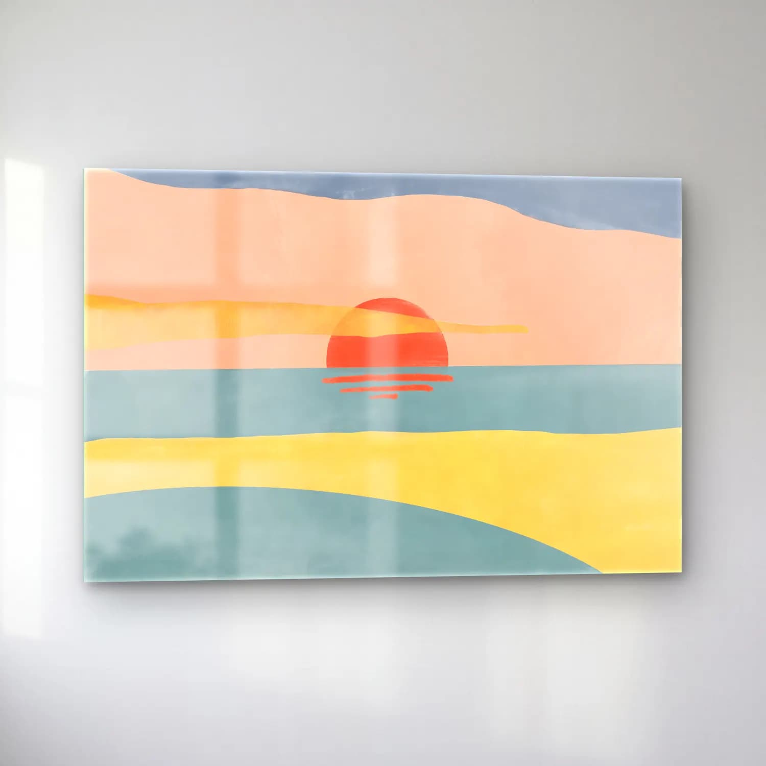 Pastel Sakin Deniz Ufku cam tablo — sol açıdan görünüm