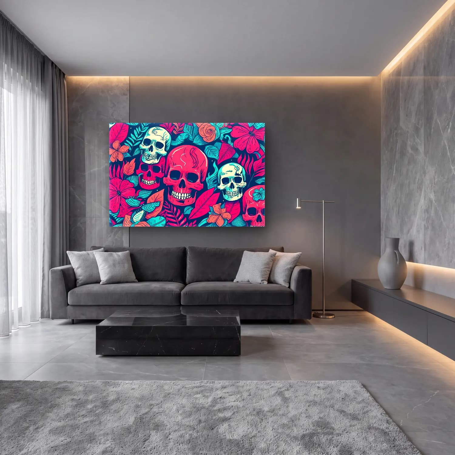 Maksimalist Çiçek Deseni No. 40 cam tablo — lüks salon duvarında