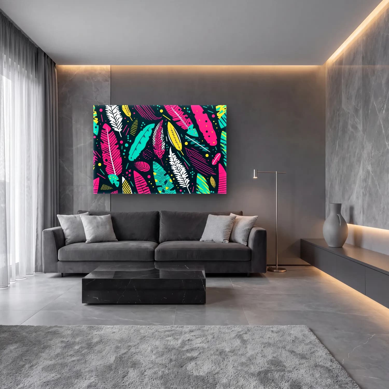 Maksimalist Çiçek Deseni No. 41 cam tablo — lüks salon duvarında