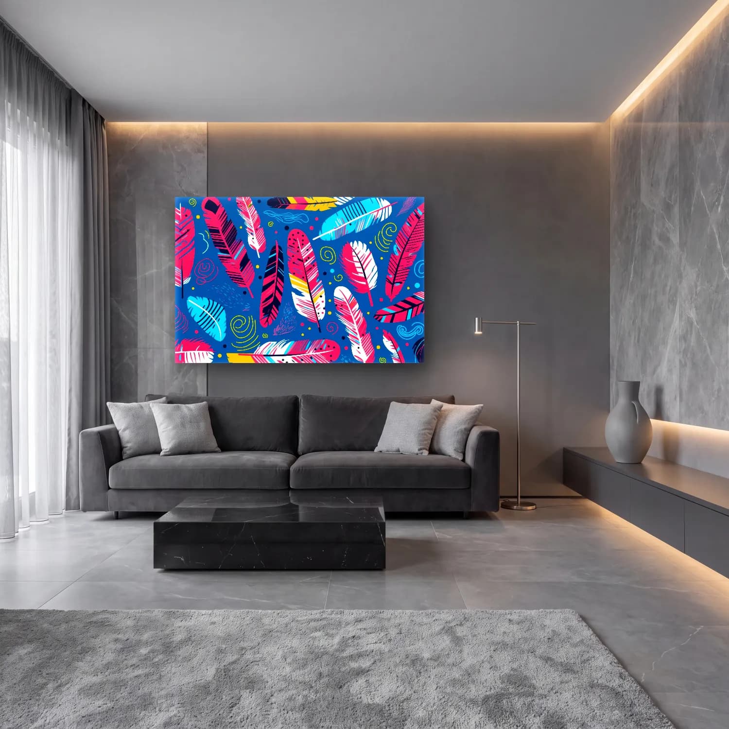 Maksimalist Çiçek Deseni No. 42 cam tablo — lüks salon duvarında