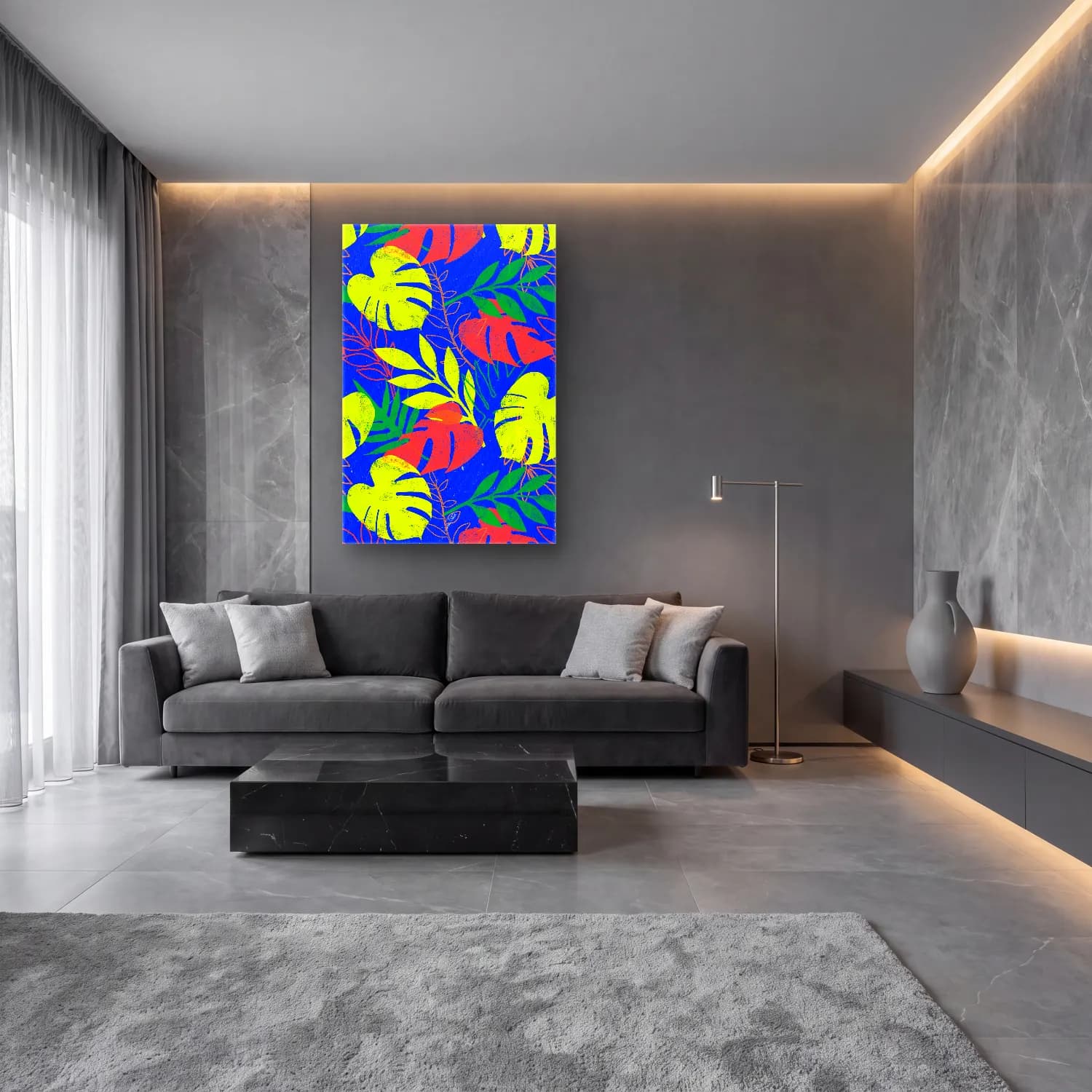 Maksimalist Çiçek Deseni No. 43 cam tablo — lüks salon duvarında