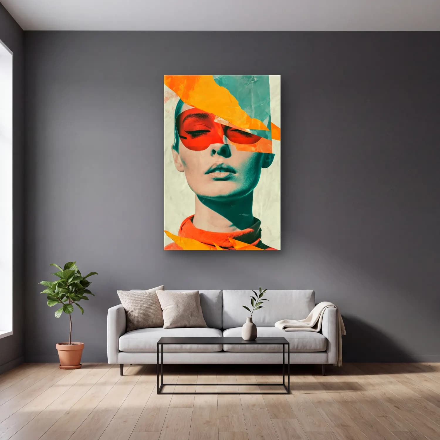 Pop Art Moda İllüstrasyonu – Turuncu Tonlar cam tablo — gri duvarlı salonda