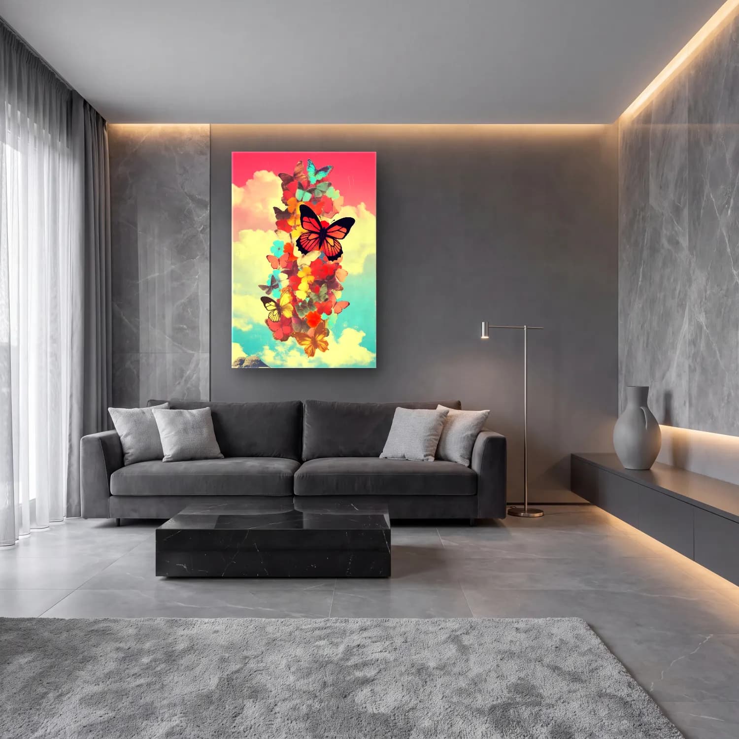 Pastel Kelebek No. 12 cam tablo — lüks salon duvarında