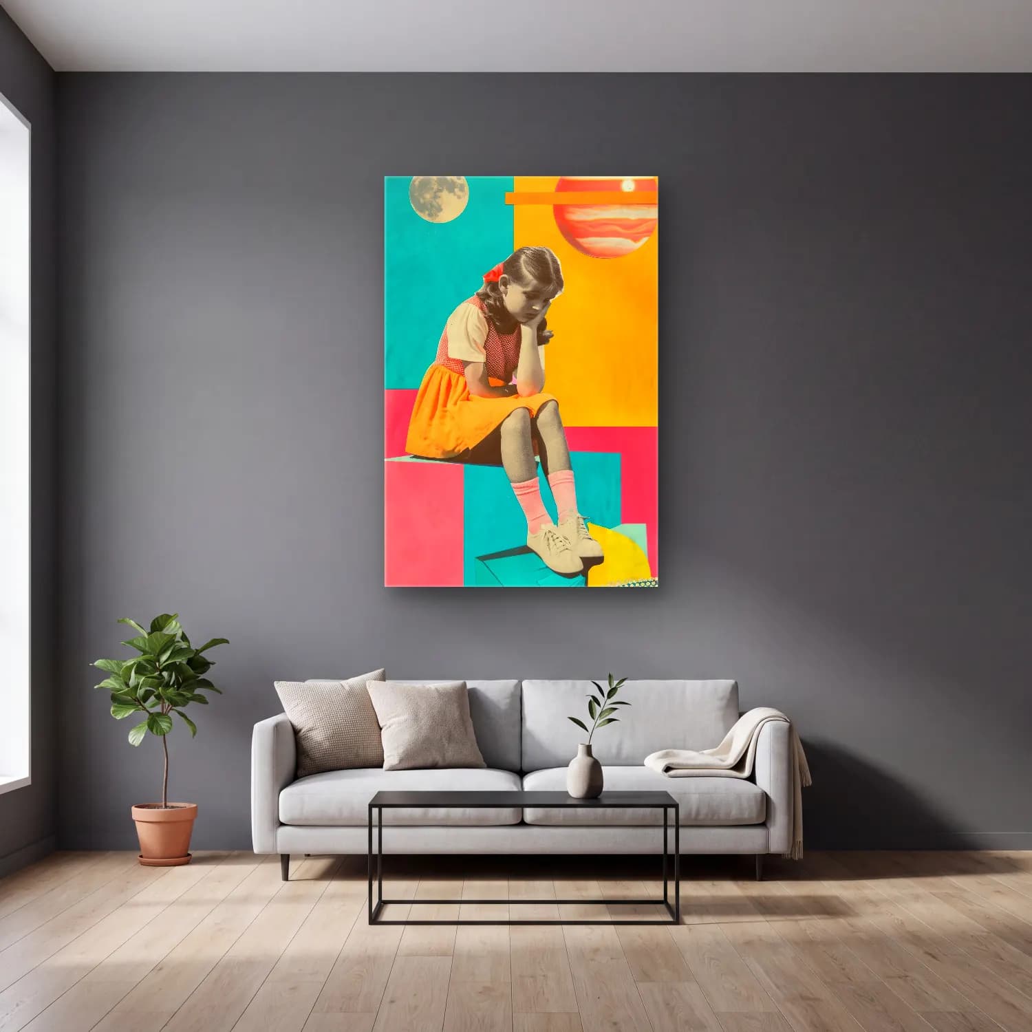 Pop Art Kız Çocuğu Portresi No. 4 cam tablo — gri duvarlı salonda