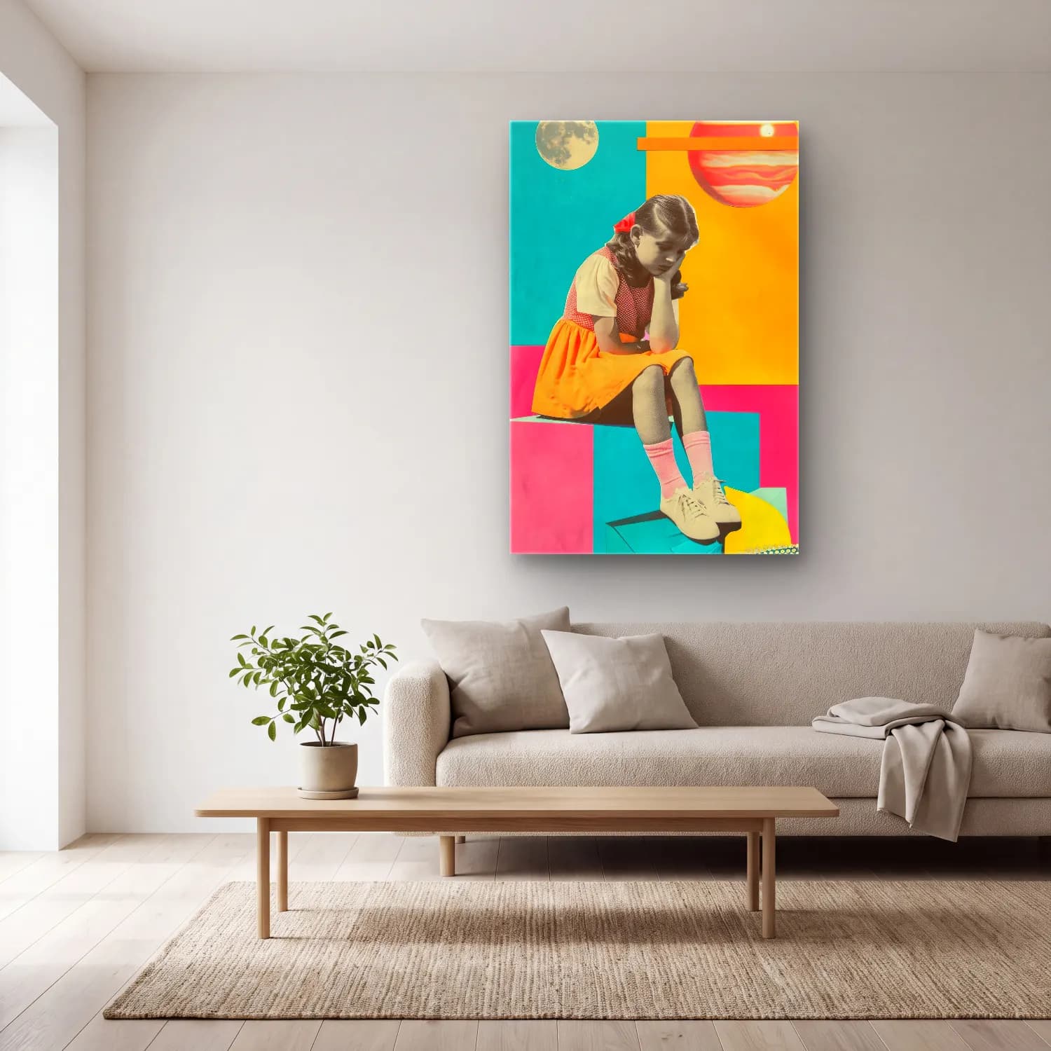 Pop Art Kız Çocuğu Portresi No. 4 cam tablo — açık renk salonda