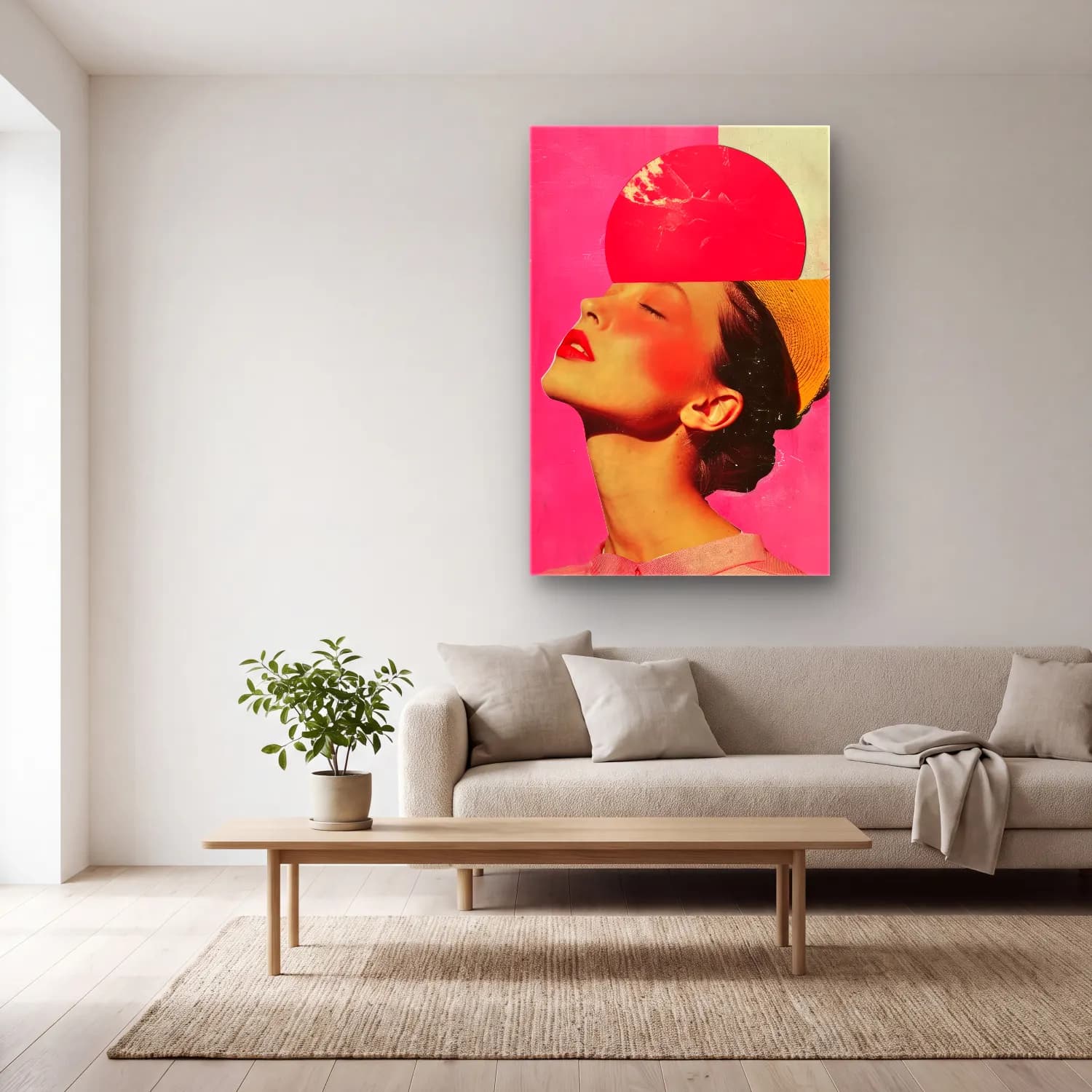 Pop Art Şapkalı Kadın – Pembe Tonlar cam tablo — açık renk salonda