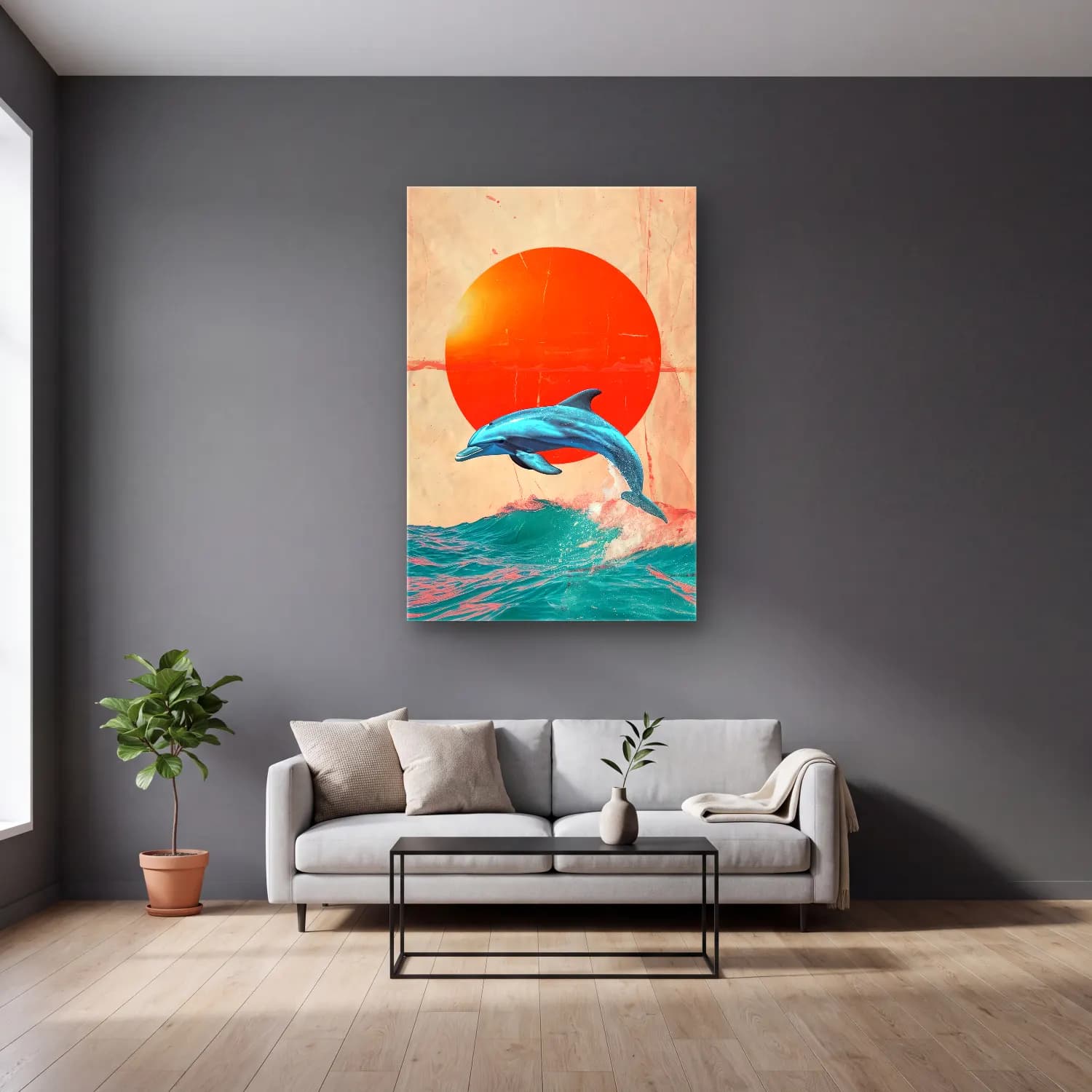 Pastel Balina No. 4 cam tablo — gri duvarlı salonda