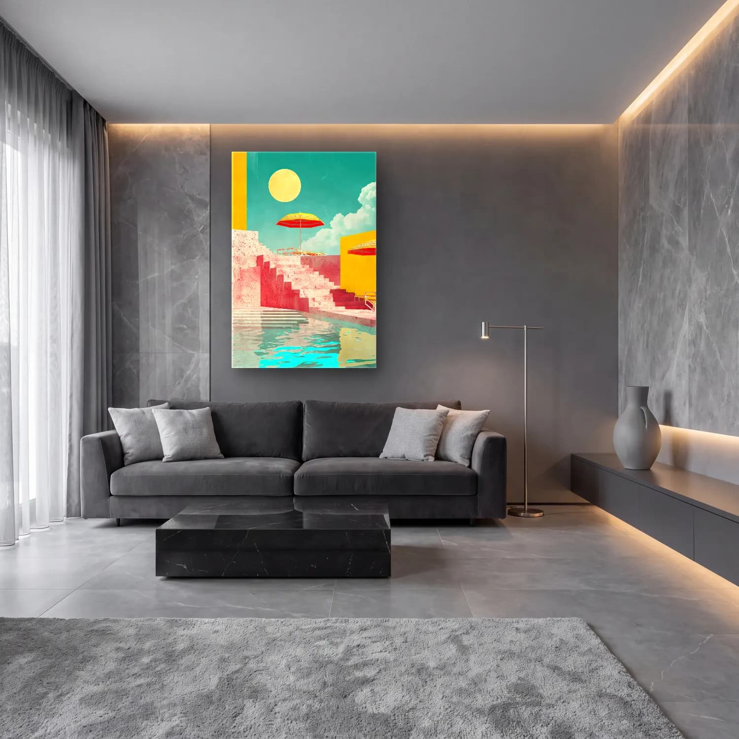 Pastel Plaj Şemsiyeleri – Sarı Tonlar cam tablo — lüks salon duvarında