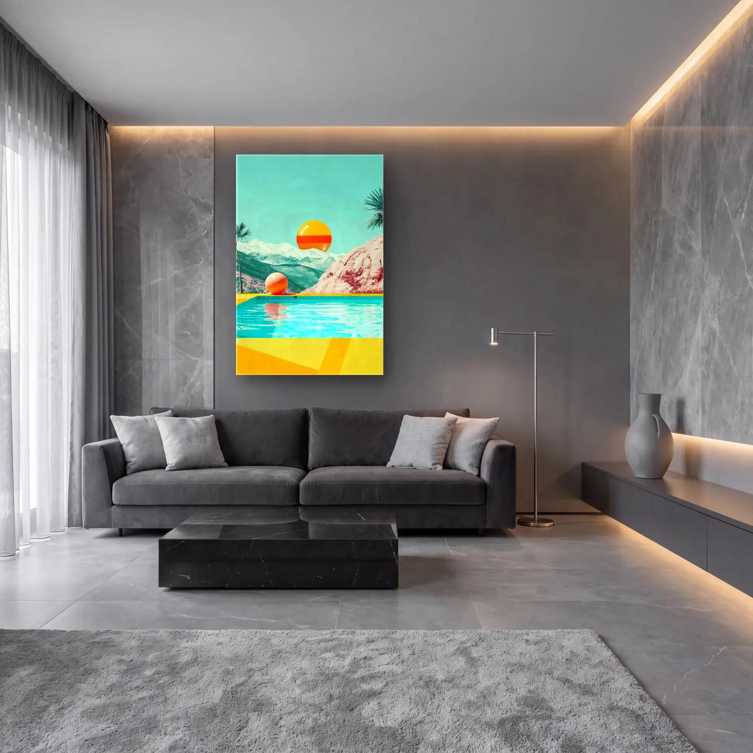 Pastel Dağ Manzarası – Turuncu Tonlar cam tablo — lüks salon duvarında