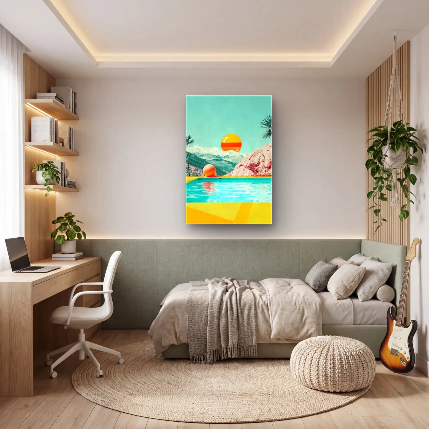 Pastel Dağ Manzarası – Turuncu Tonlar cam tablo — genç odasında