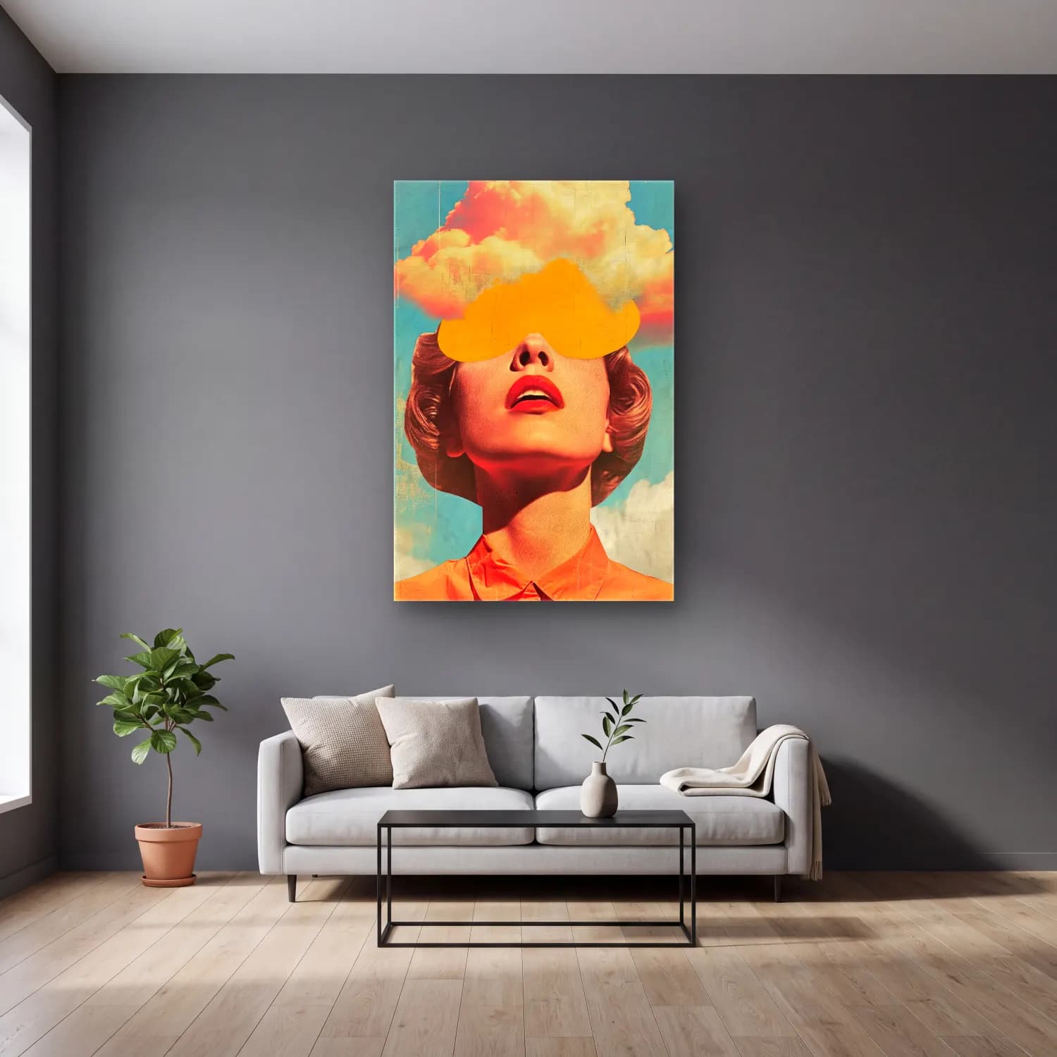 Pop Art Soyut Yüz No. 5 cam tablo — gri duvarlı salonda