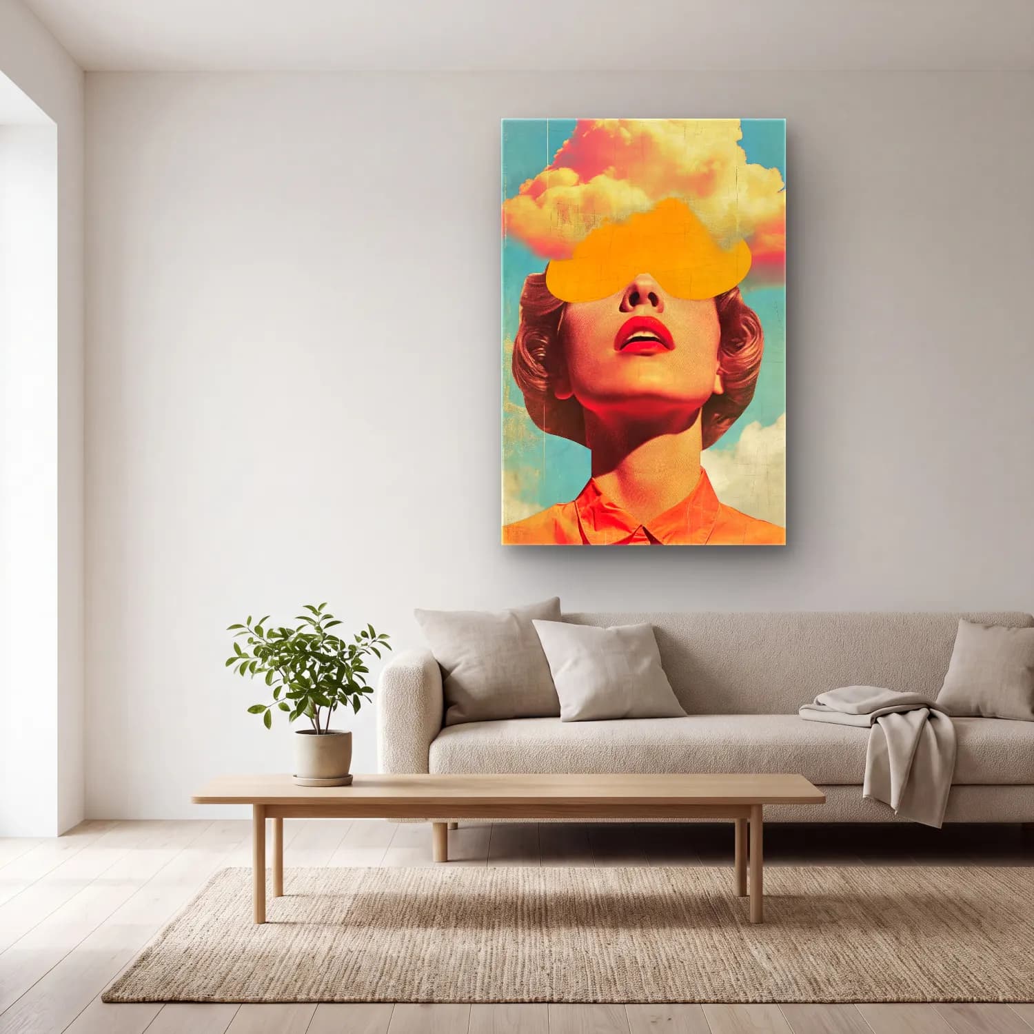 Pop Art Soyut Yüz No. 5 cam tablo — açık renk salonda
