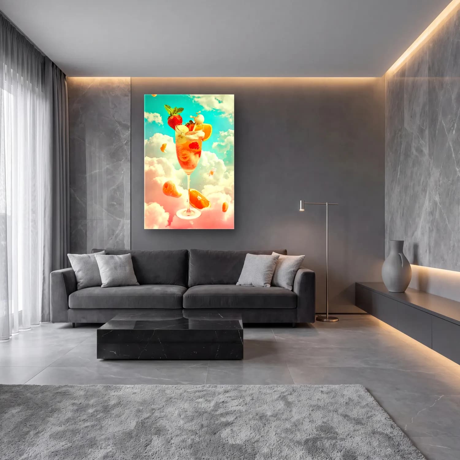 Pastel Kokteyl – Turuncu Tonlar cam tablo — lüks salon duvarında