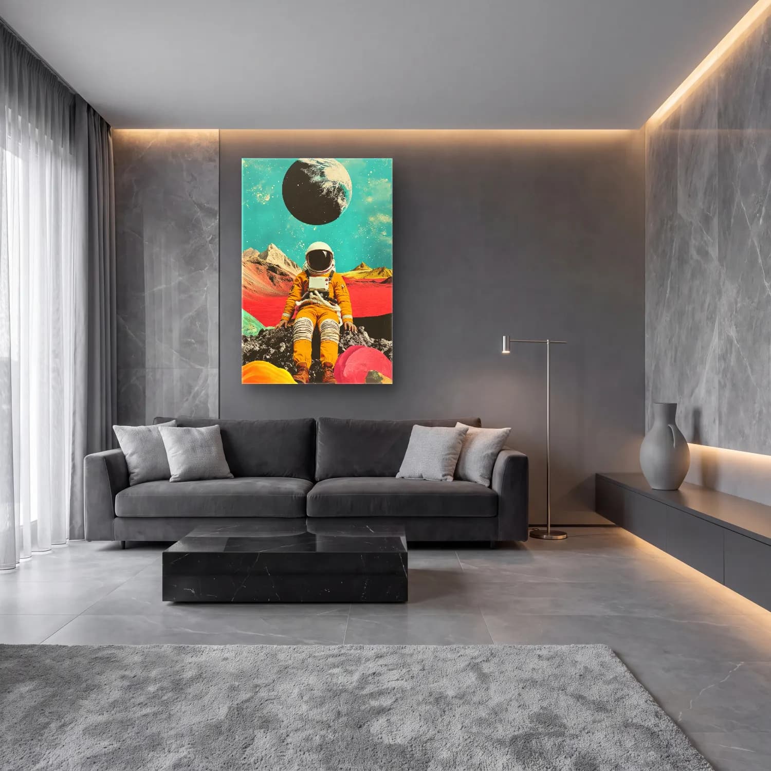 Maksimalist Astronot cam tablo — lüks salon duvarında