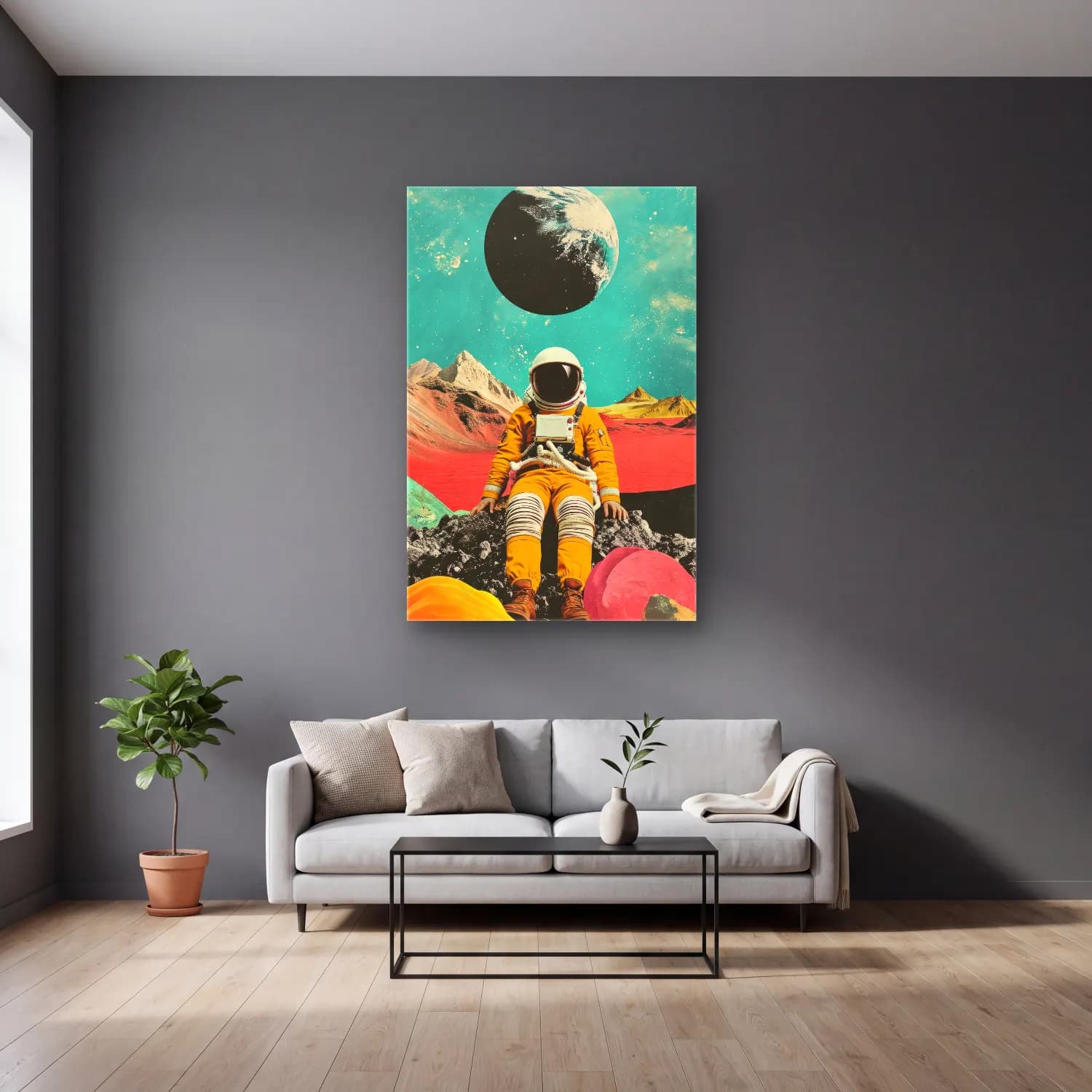 Maksimalist Astronot cam tablo — gri duvarlı salonda