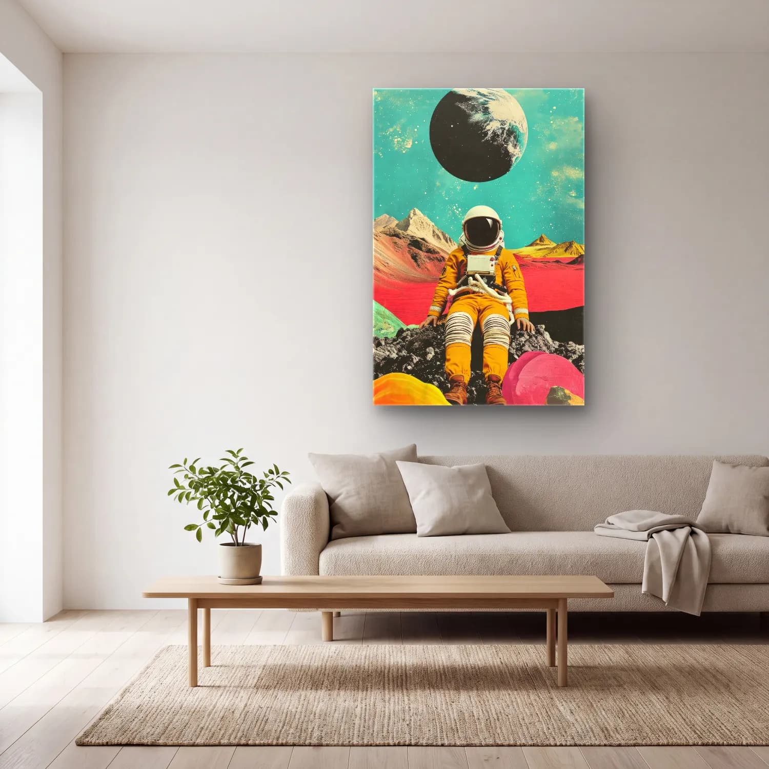 Maksimalist Astronot cam tablo — açık renk salonda