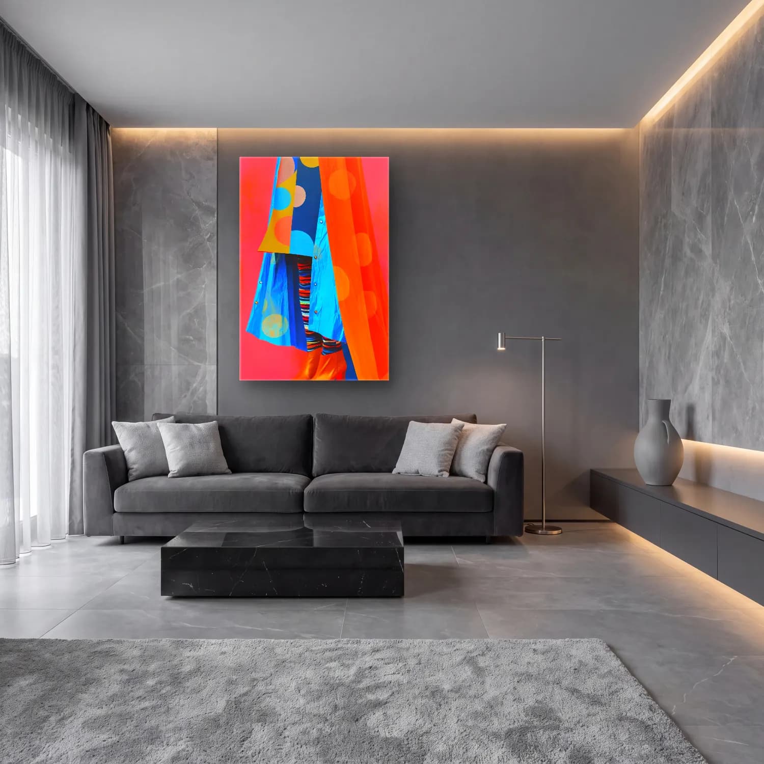 Maksimalist Renk Alanları No. 7 cam tablo — lüks salon duvarında