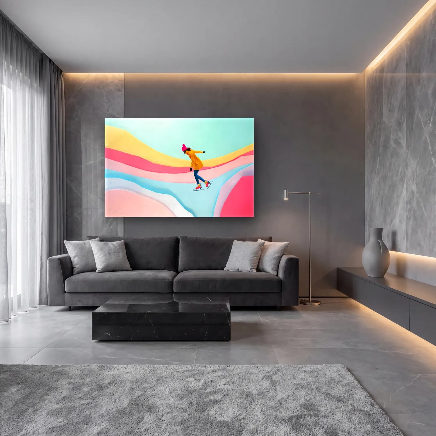 Maksimalist Kayak – Pembe Tonlar cam tablo — lüks salon duvarında