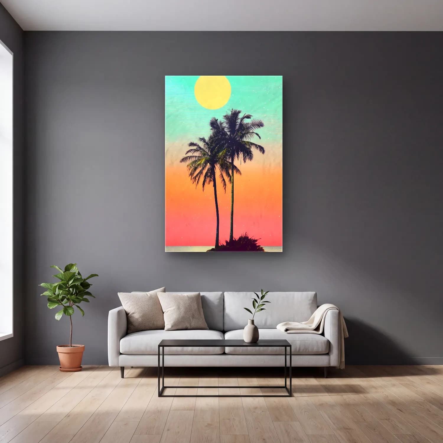 Pastel Palmiyeli Tropik Sahil No. 6 cam tablo — gri duvarlı salonda