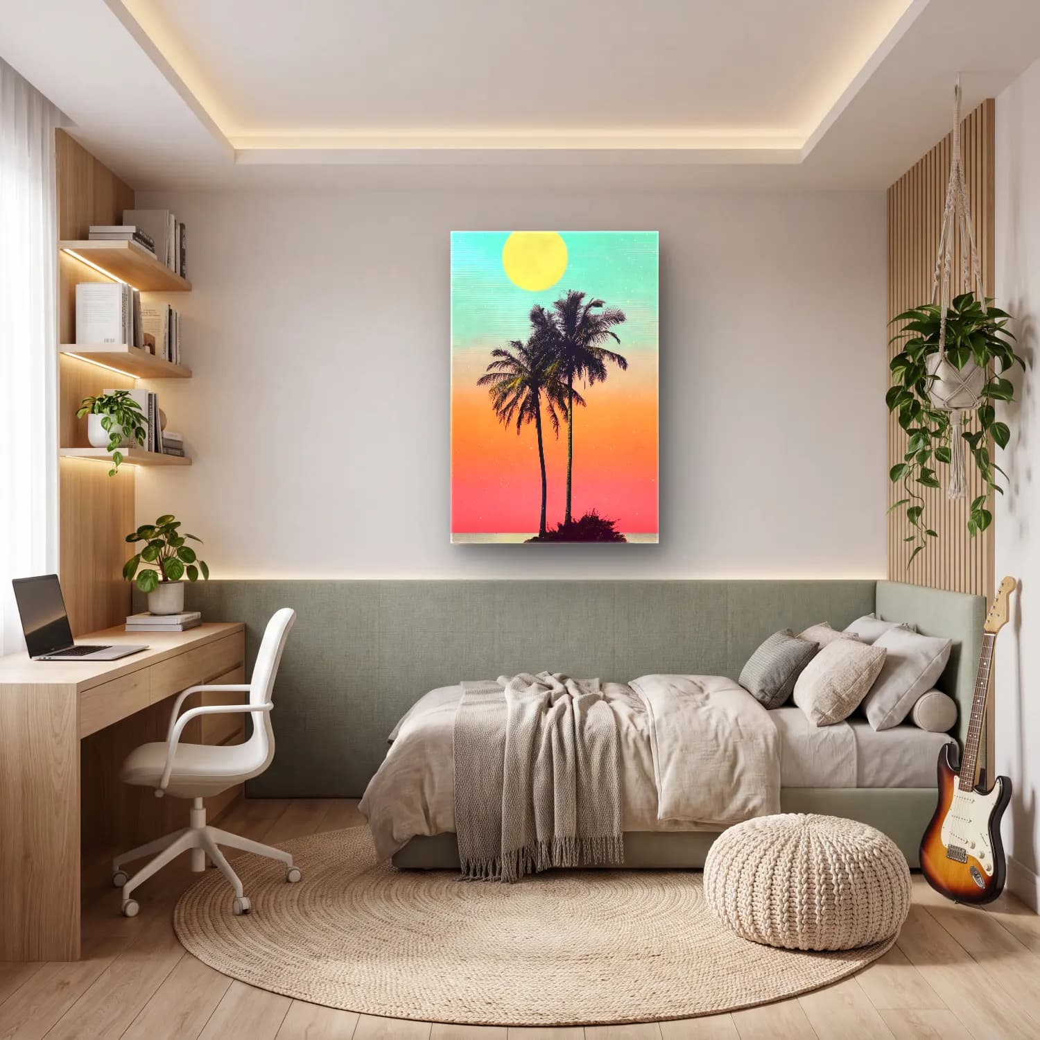 Pastel Palmiyeli Tropik Sahil No. 6 cam tablo — genç odasında