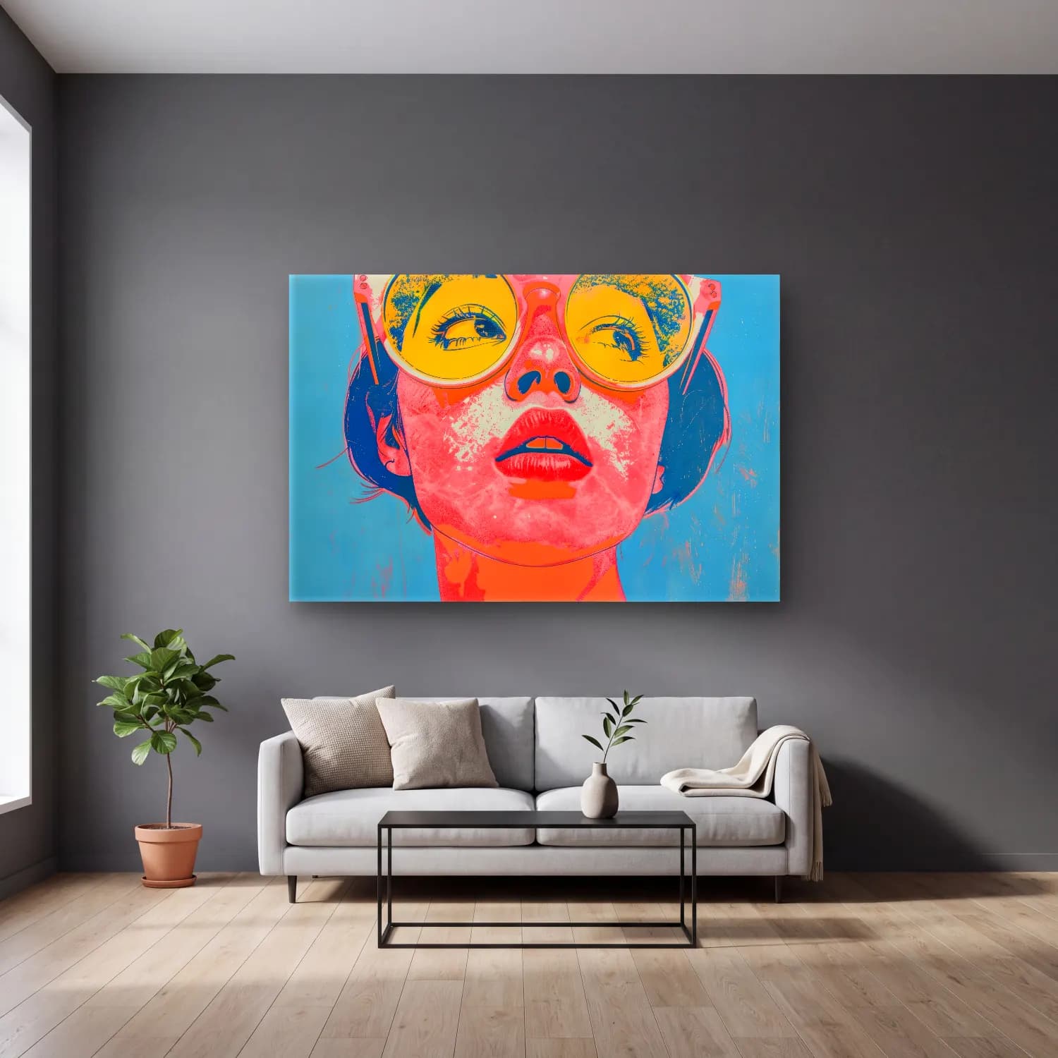 Pop Art Kadın Portresi – Turuncu Tonlar cam tablo — gri duvarlı salonda