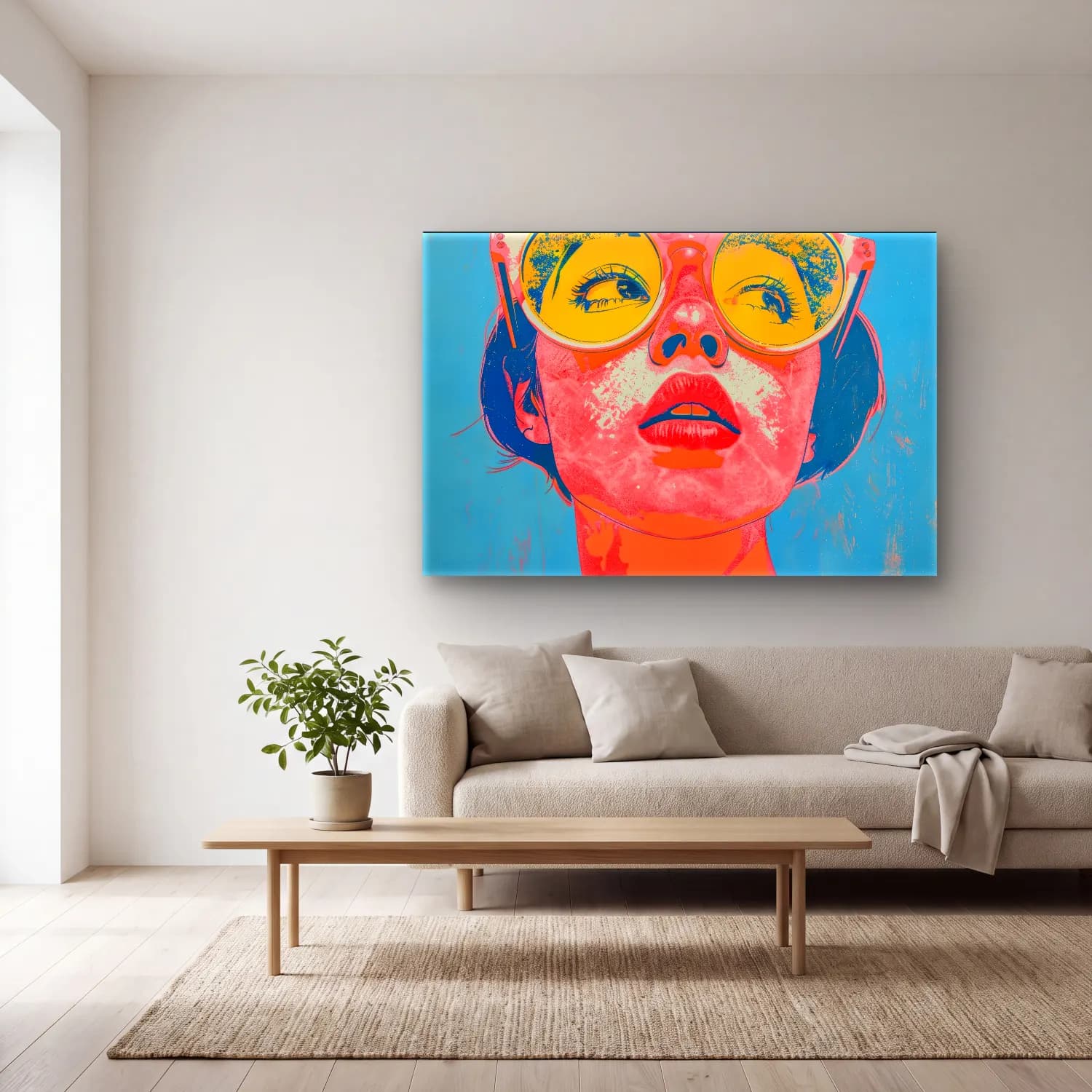 Pop Art Kadın Portresi – Turuncu Tonlar cam tablo — açık renk salonda