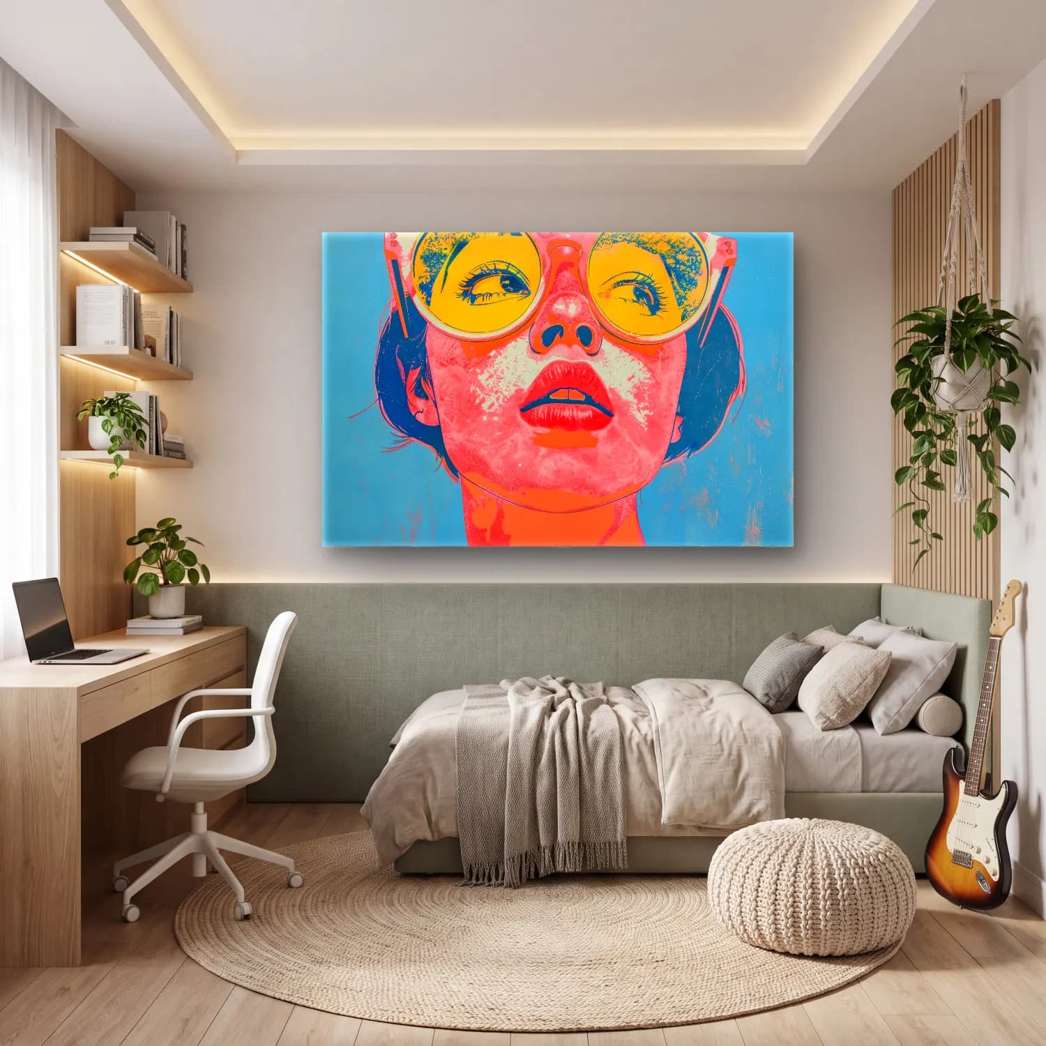 Pop Art Kadın Portresi – Turuncu Tonlar cam tablo — genç odasında
