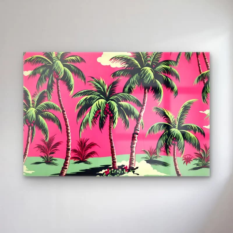 Retro Palmiyeli Tropik Sahil – Pembe Tonlar cam tablo — Retro Palmiyeli Tropik Sahil – Pembe Tonlar — retro palmiyeli tropik sahil