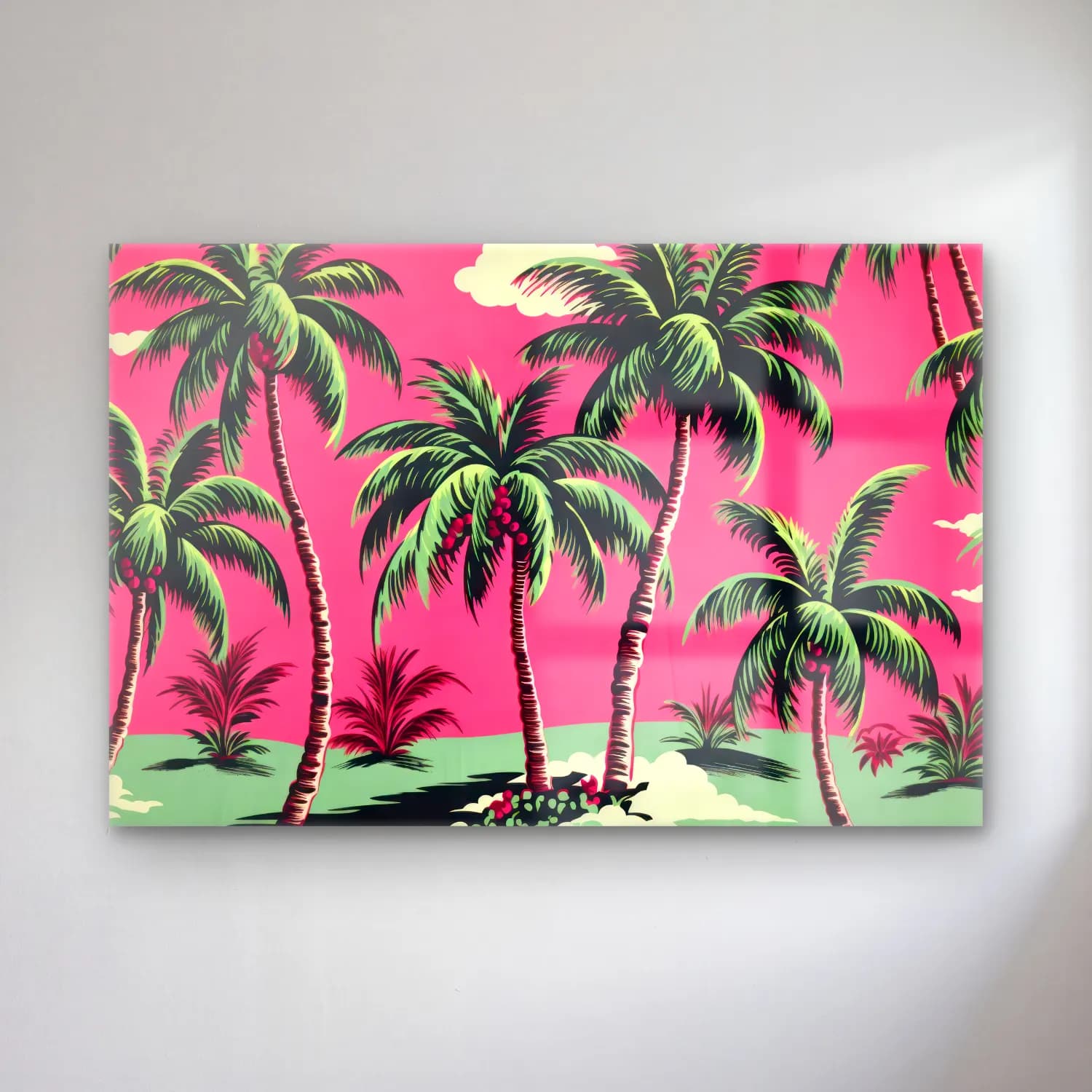 Retro Palmiyeli Tropik Sahil – Pembe Tonlar cam tablo — Retro Palmiyeli Tropik Sahil – Pembe Tonlar — retro palmiyeli tropik sahil