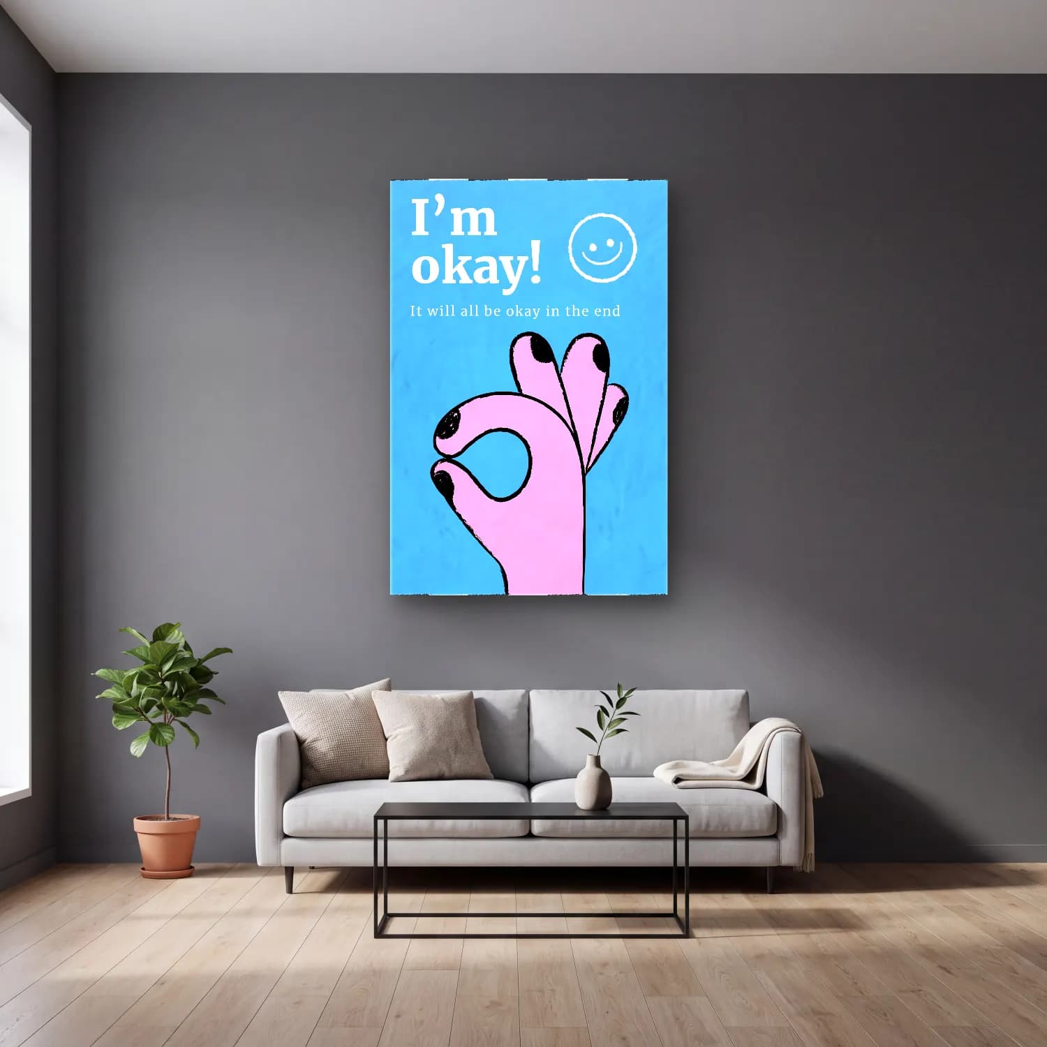 Pastel Söz Posteri No. 9 cam tablo — gri duvarlı salonda