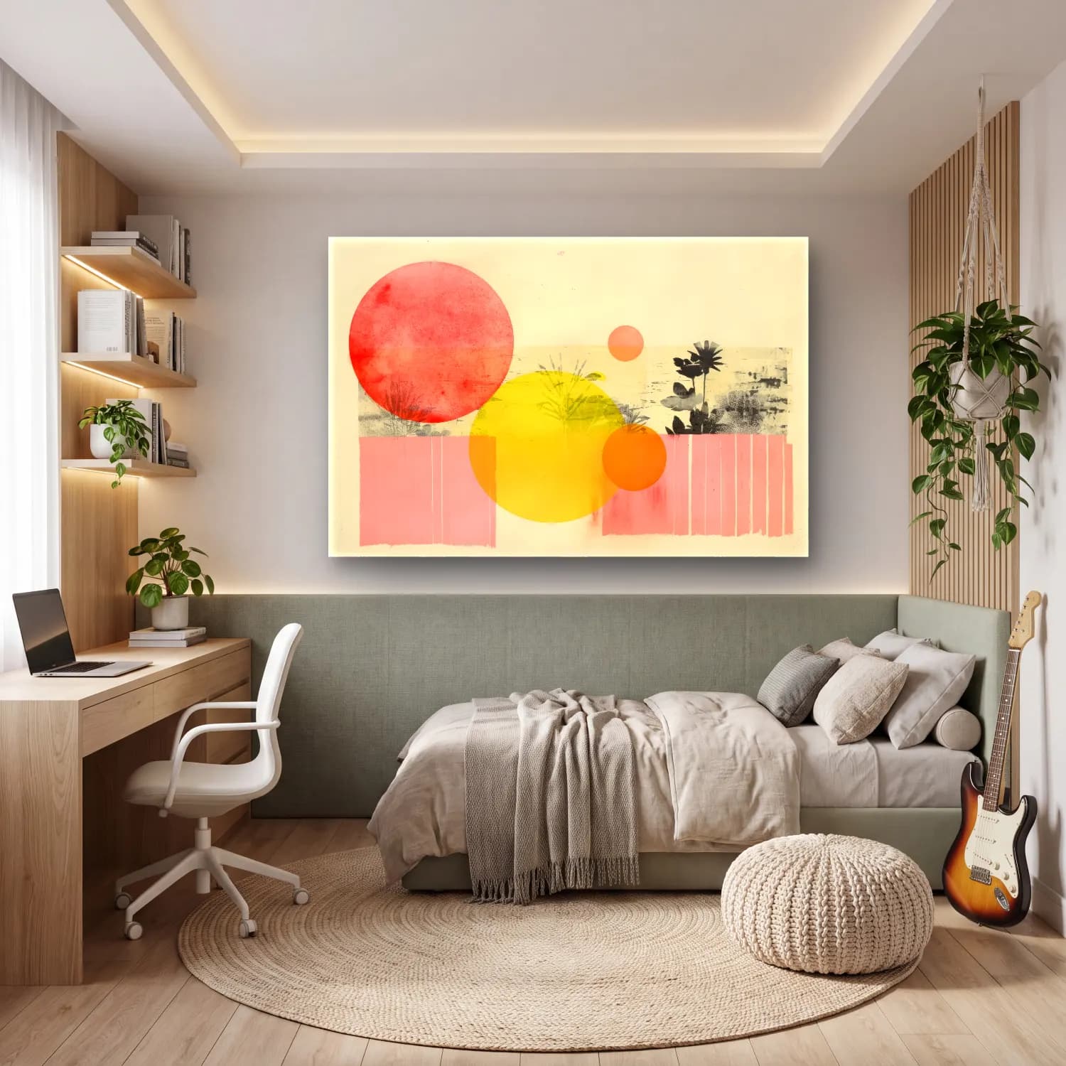 Boho Geometrik Daireler No. 25 cam tablo — genç odasında