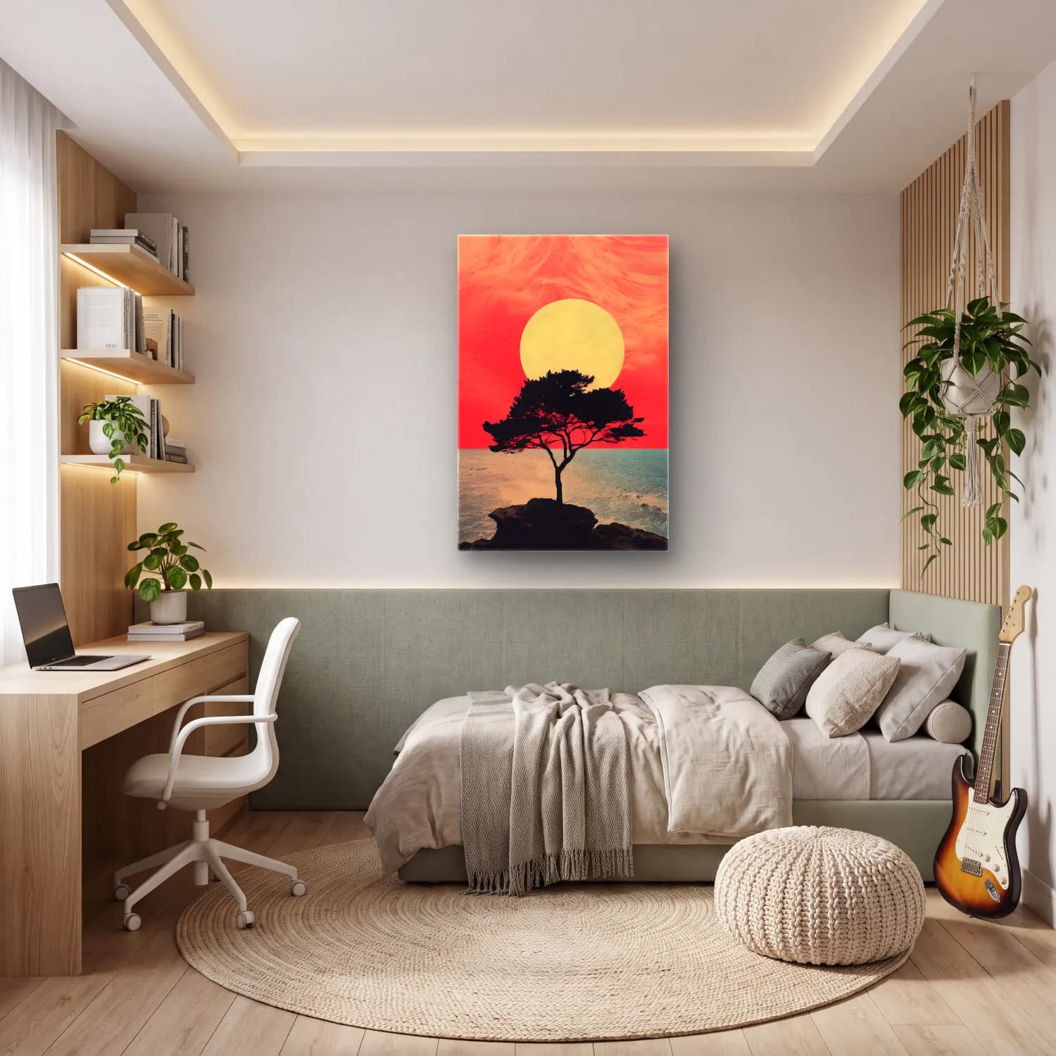 Pastel Soyut Manzara – Kırmızı Tonlar cam tablo — genç odasında