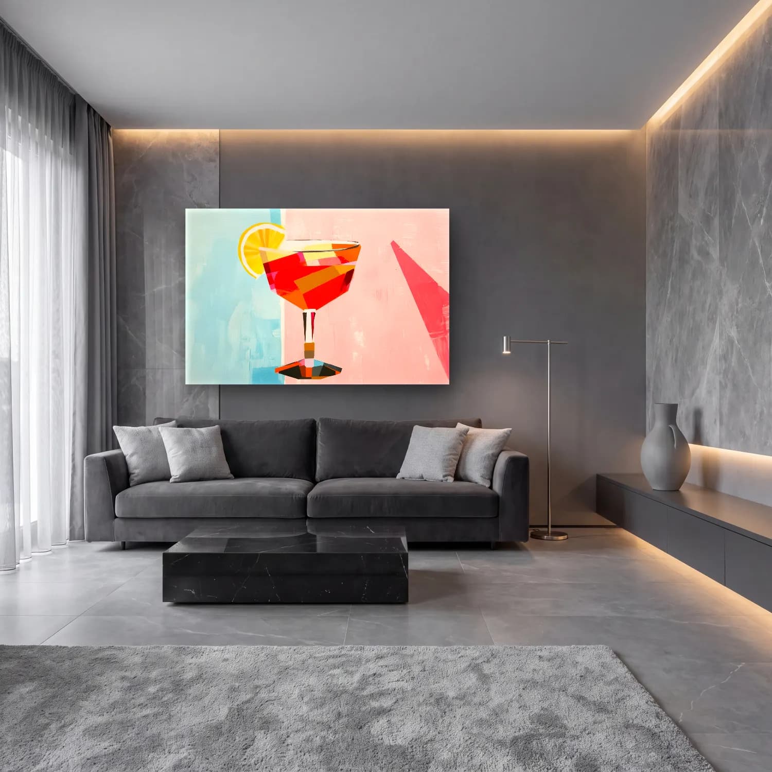 Modern Soyut Kokteyl cam tablo — lüks salon duvarında
