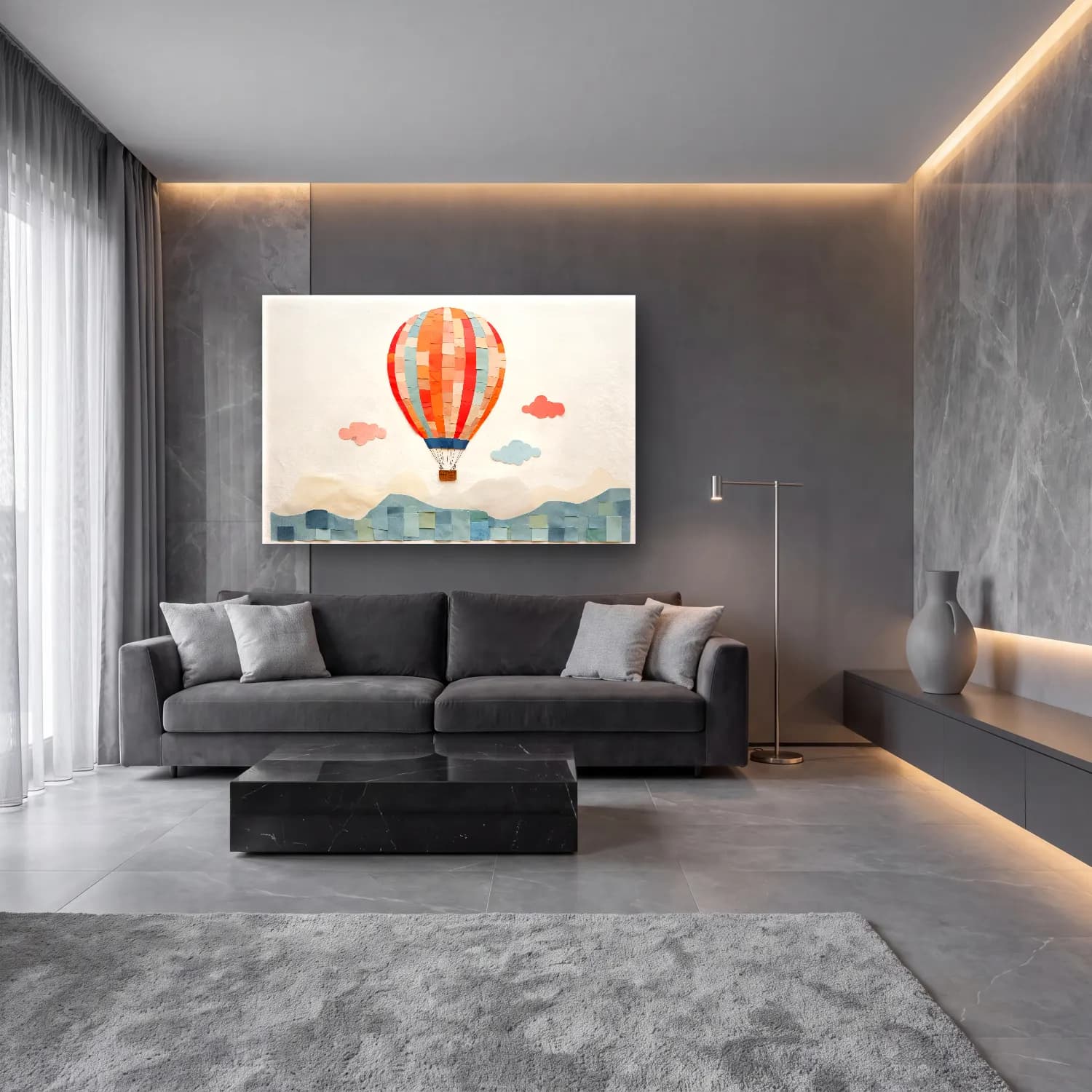 Pastel Sıcak Hava Balonu – Turuncu Tonlar cam tablo — lüks salon duvarında