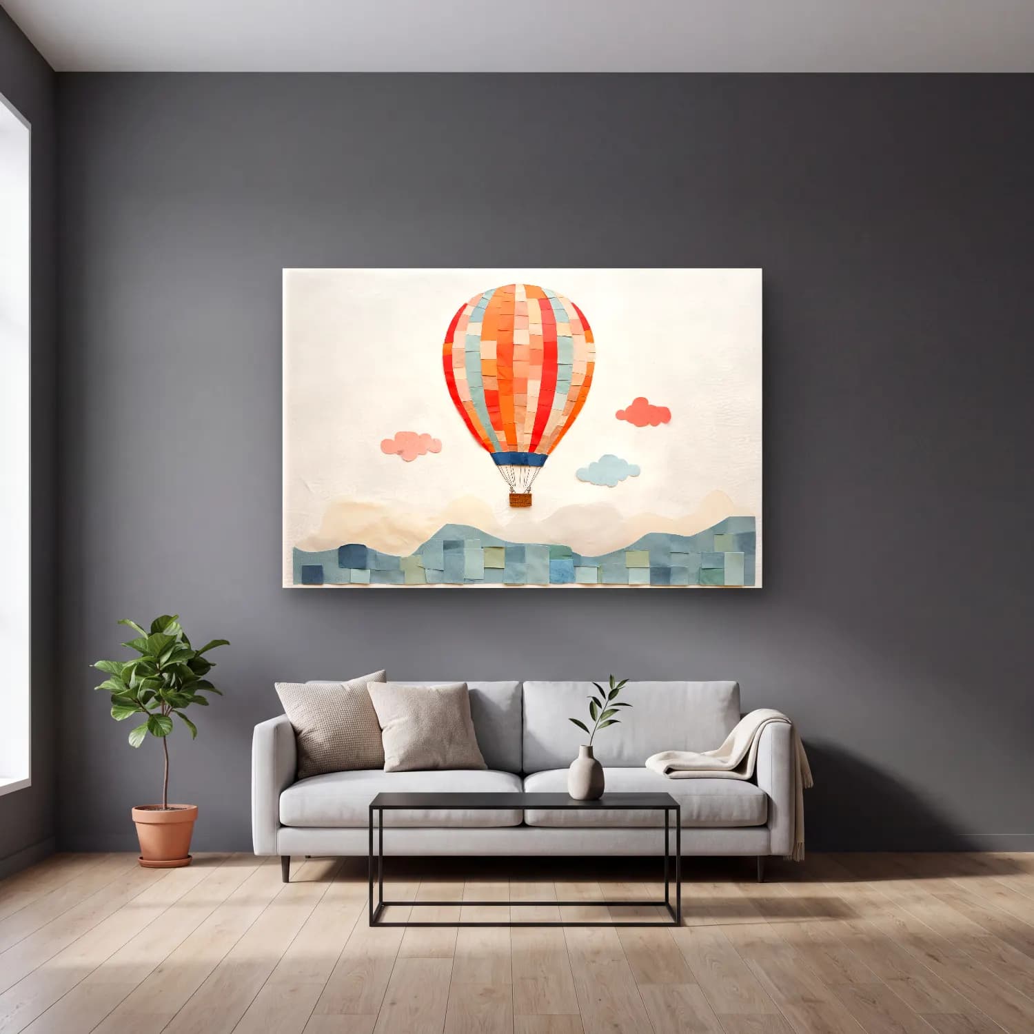 Pastel Sıcak Hava Balonu – Turuncu Tonlar cam tablo — gri duvarlı salonda