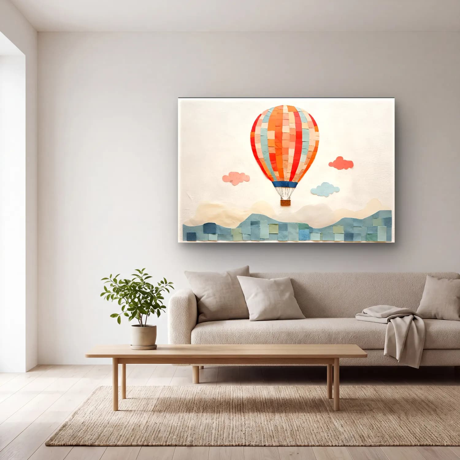 Pastel Sıcak Hava Balonu – Turuncu Tonlar cam tablo — açık renk salonda