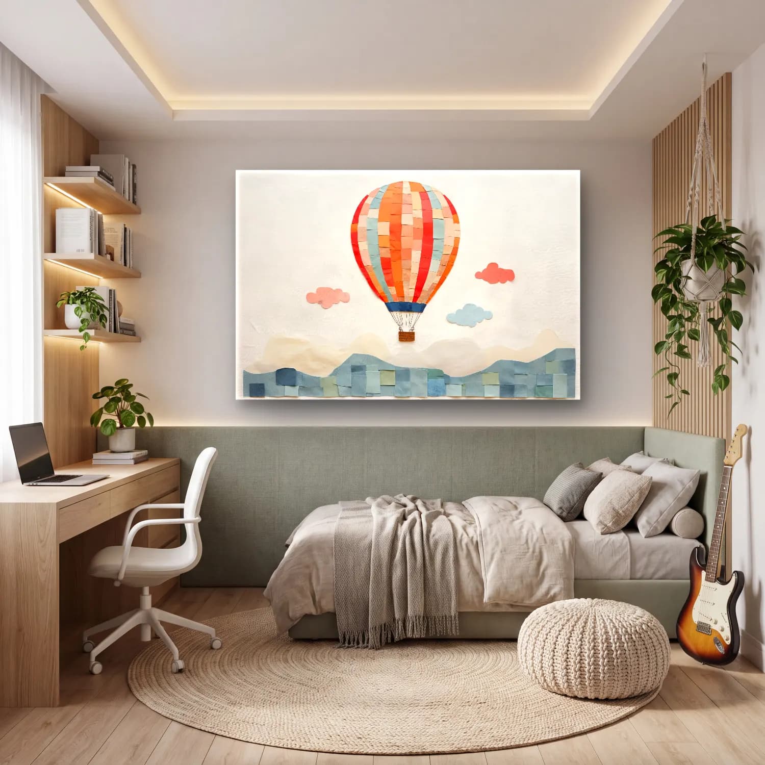 Pastel Sıcak Hava Balonu – Turuncu Tonlar cam tablo — genç odasında