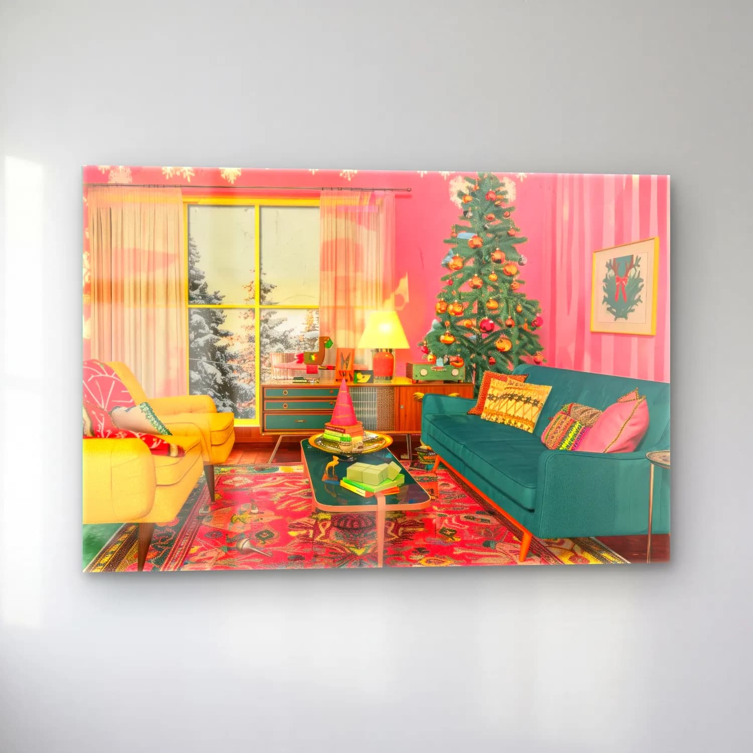 Maksimalist Vintage İç Mekân – Pembe Tonlar cam tablo — sol açıdan görünüm