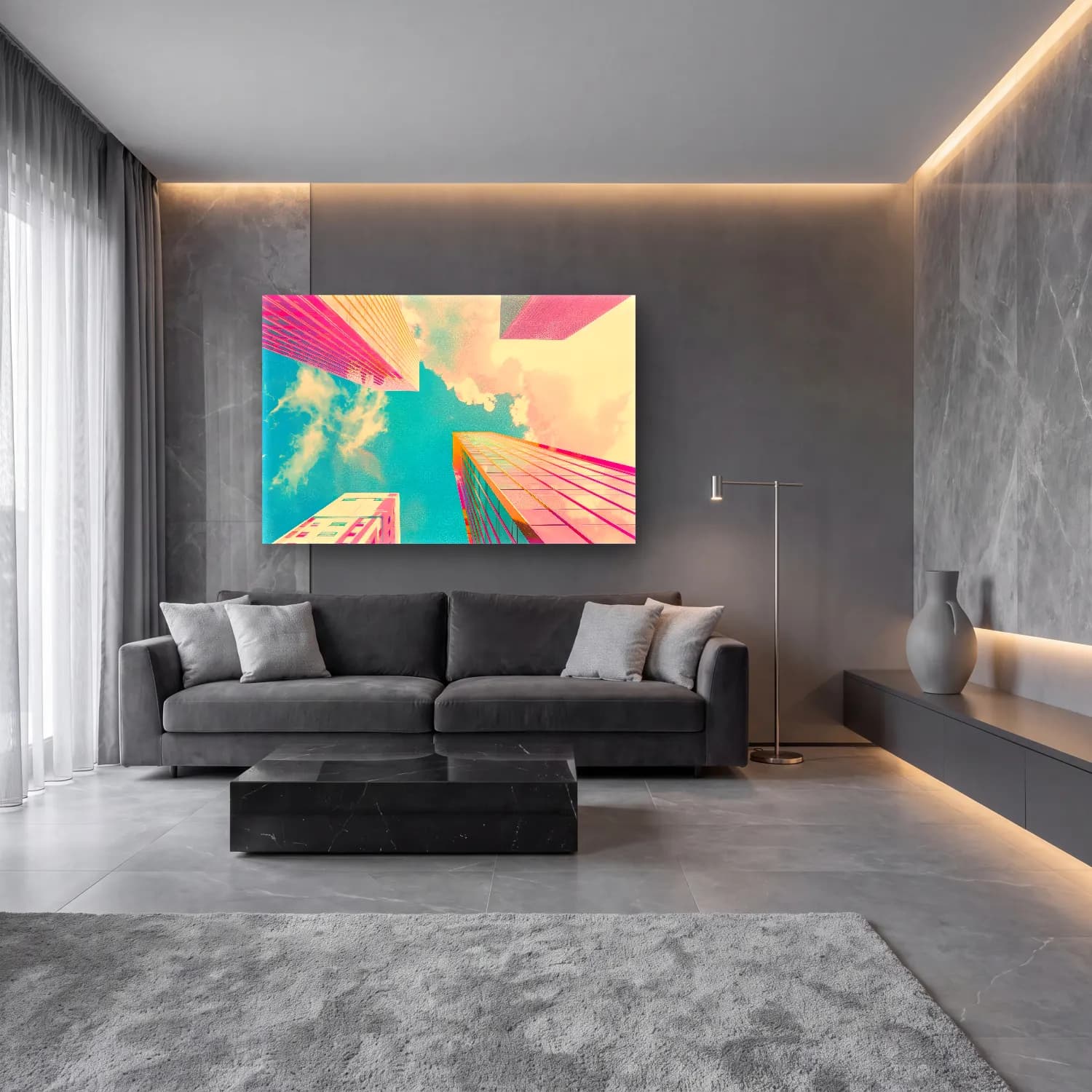 Pastel Japon Şehri No. 4 cam tablo — lüks salon duvarında