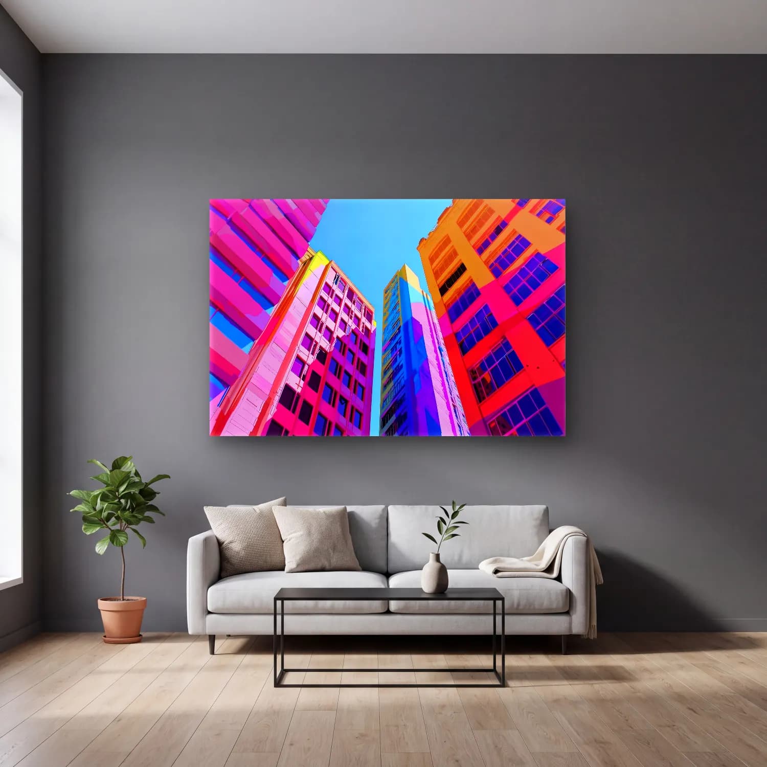 Maksimalist Renk Alanları No. 8 cam tablo — gri duvarlı salonda