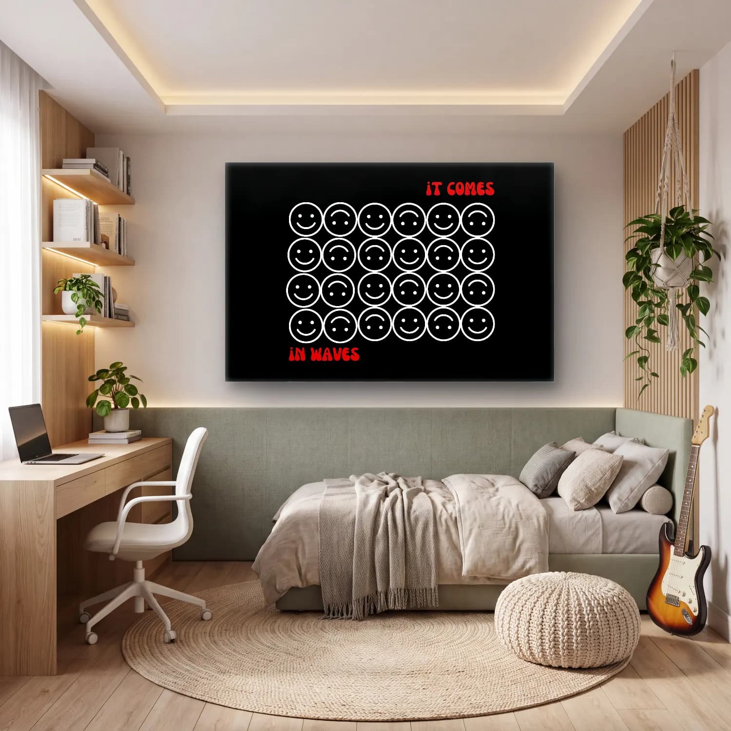 Siyah Beyaz Dalgalı Çizgiler No. 17 cam tablo — genç odasında