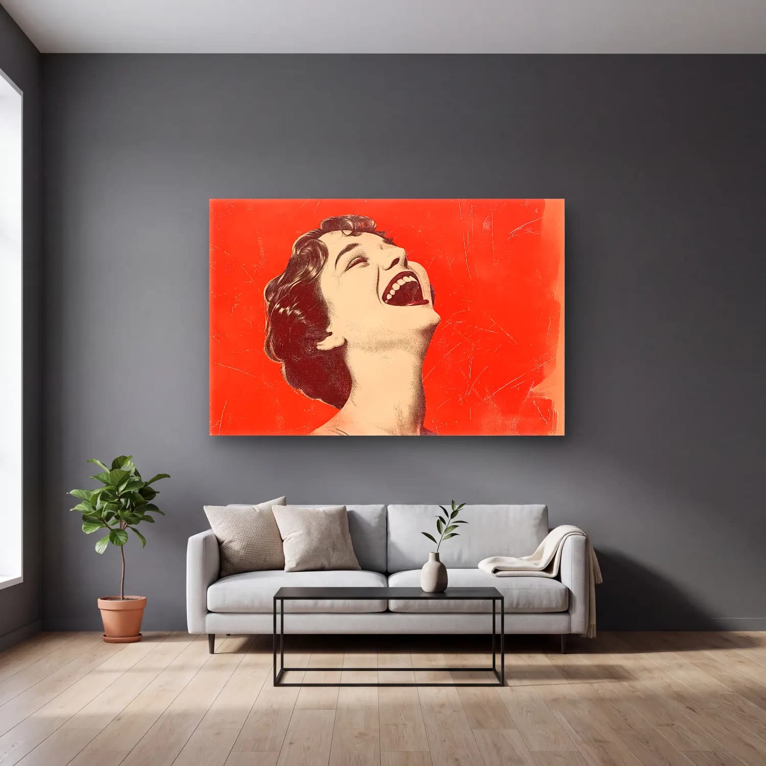 Vintage Poster Kadın Portresi – Kırmızı Tonlar cam tablo — gri duvarlı salonda