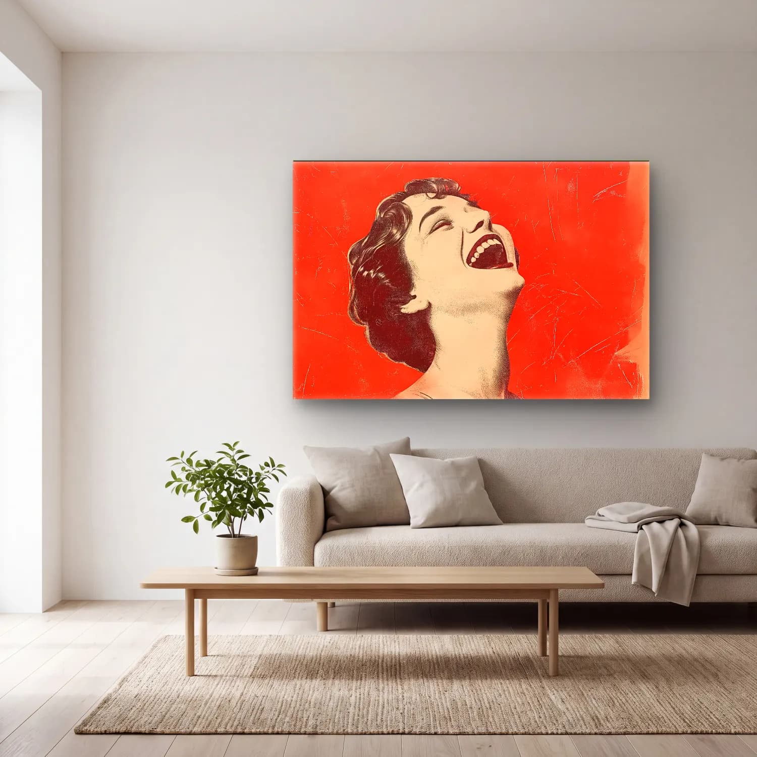 Vintage Poster Kadın Portresi – Kırmızı Tonlar cam tablo — açık renk salonda