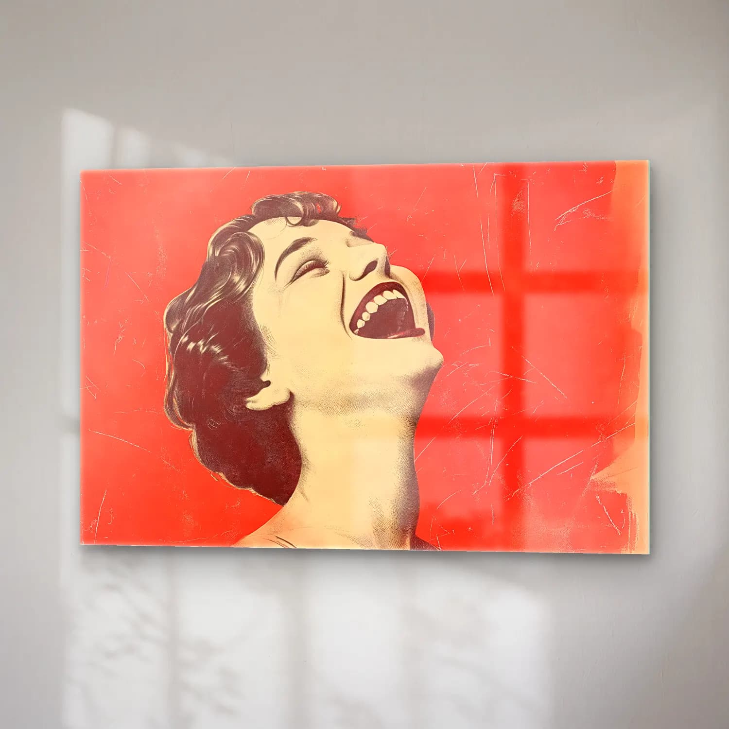 Vintage Poster Kadın Portresi – Kırmızı Tonlar cam tablo — sağ açıdan görünüm