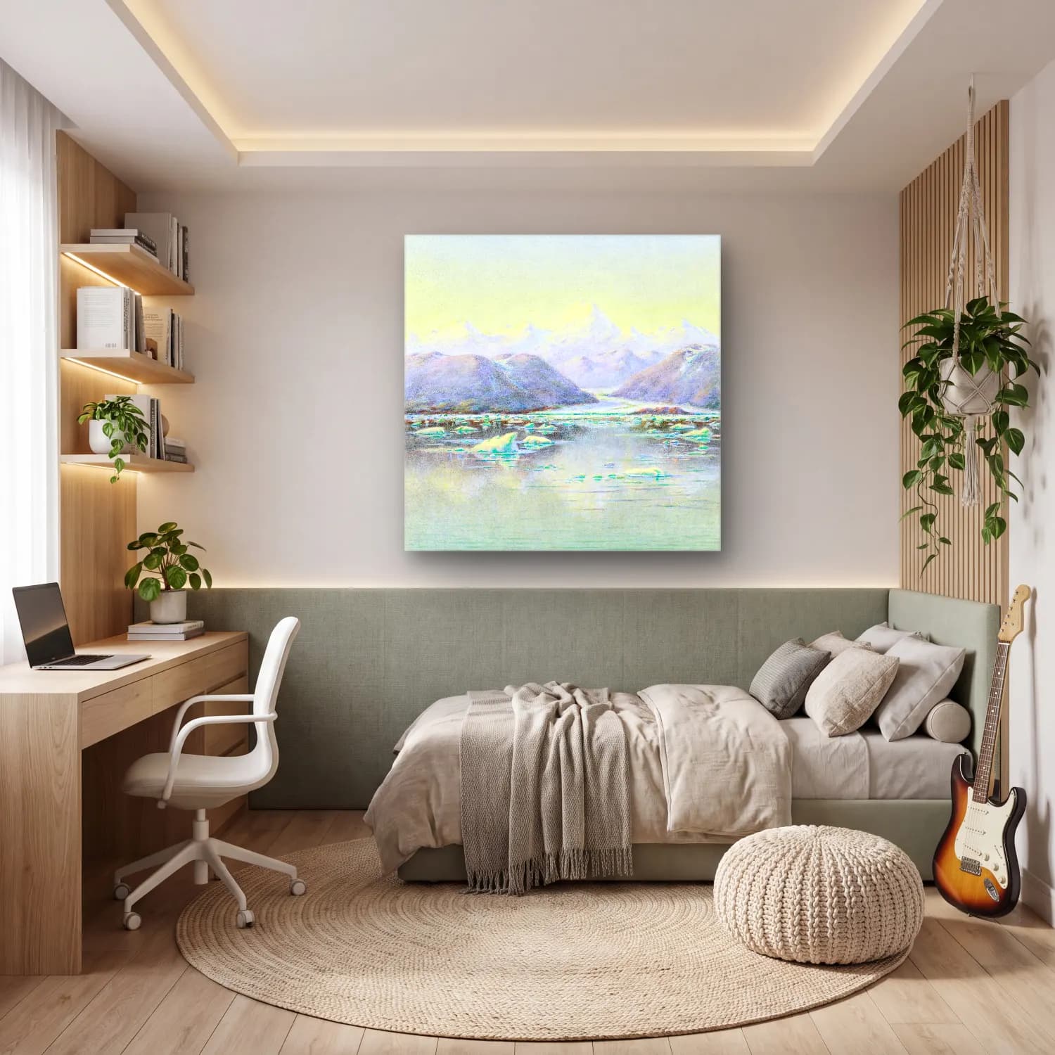 Suluboya Göl ve Dağlar – Pastel Tonlar cam tablo — genç odasında
